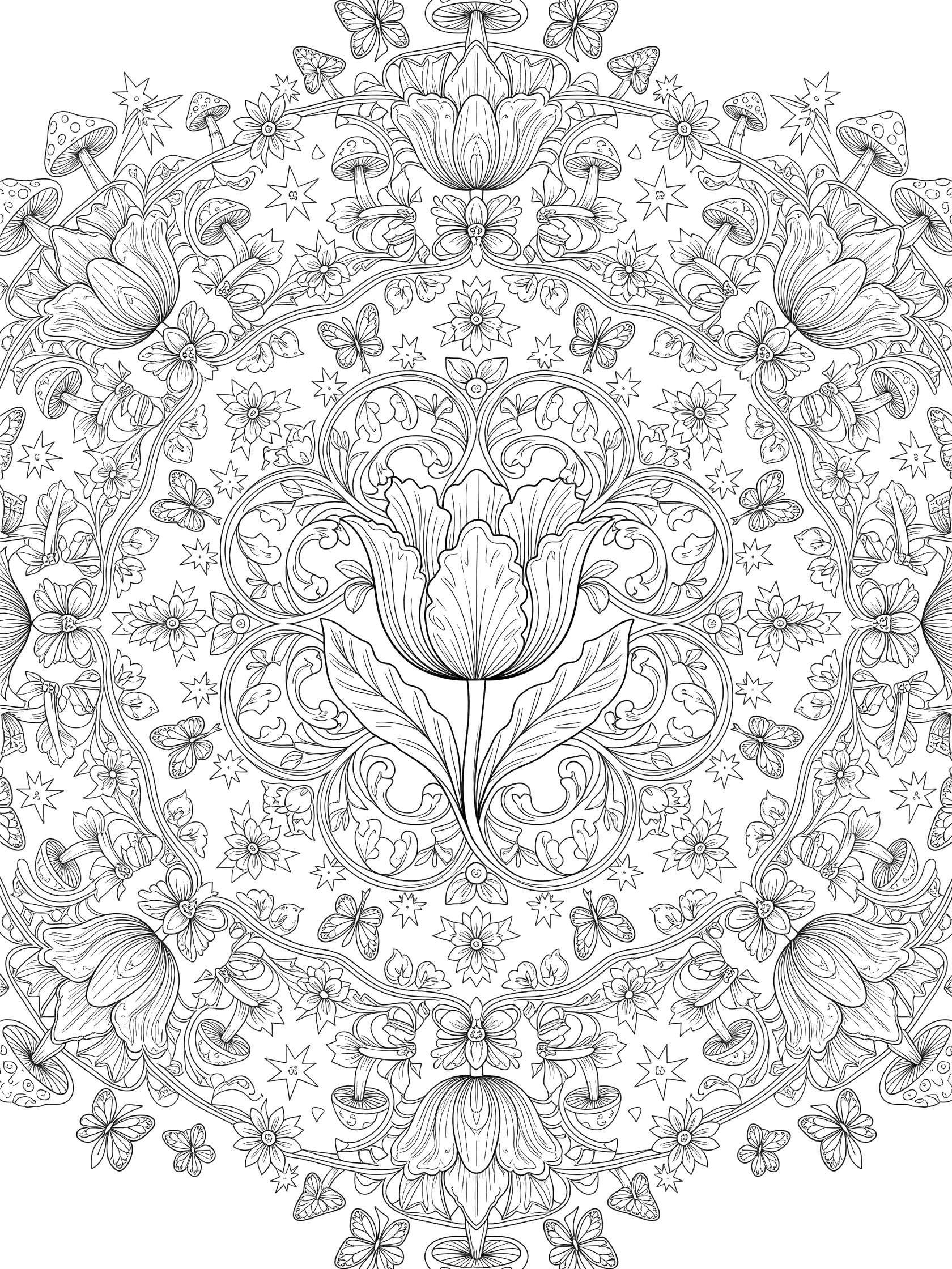 Intricate black and white Tulip Mandala coloring page featuring central tulips with ruffled petals, swirling vines, heart leaves, toadstools, butterflies, and starry blossoms in symmetric layers.