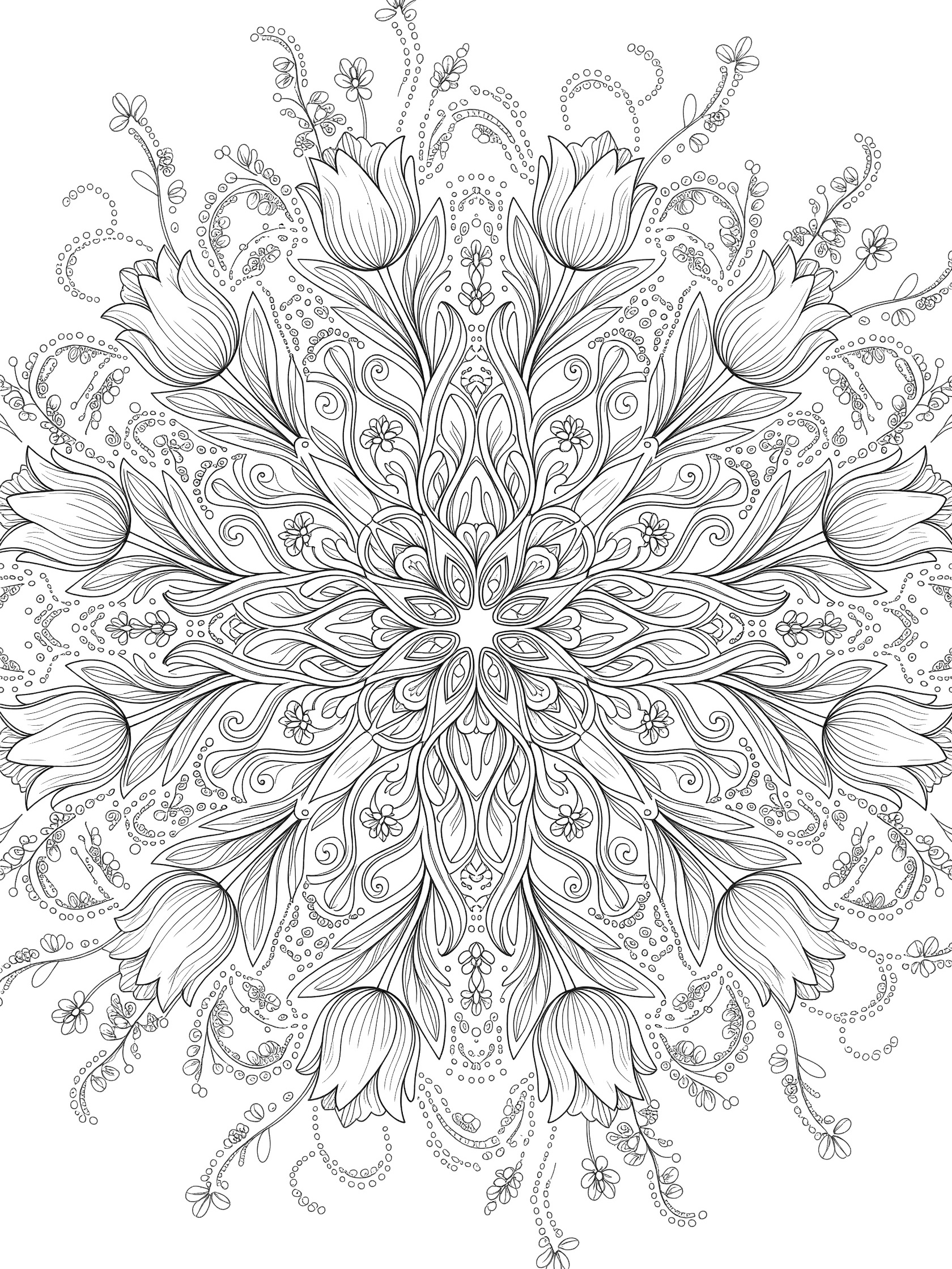 Black and white line art of a Tulip Mandala coloring page featuring symmetrical tulips bursting outward with petals, stems, leaves, dotted vines, and floral motifs.
