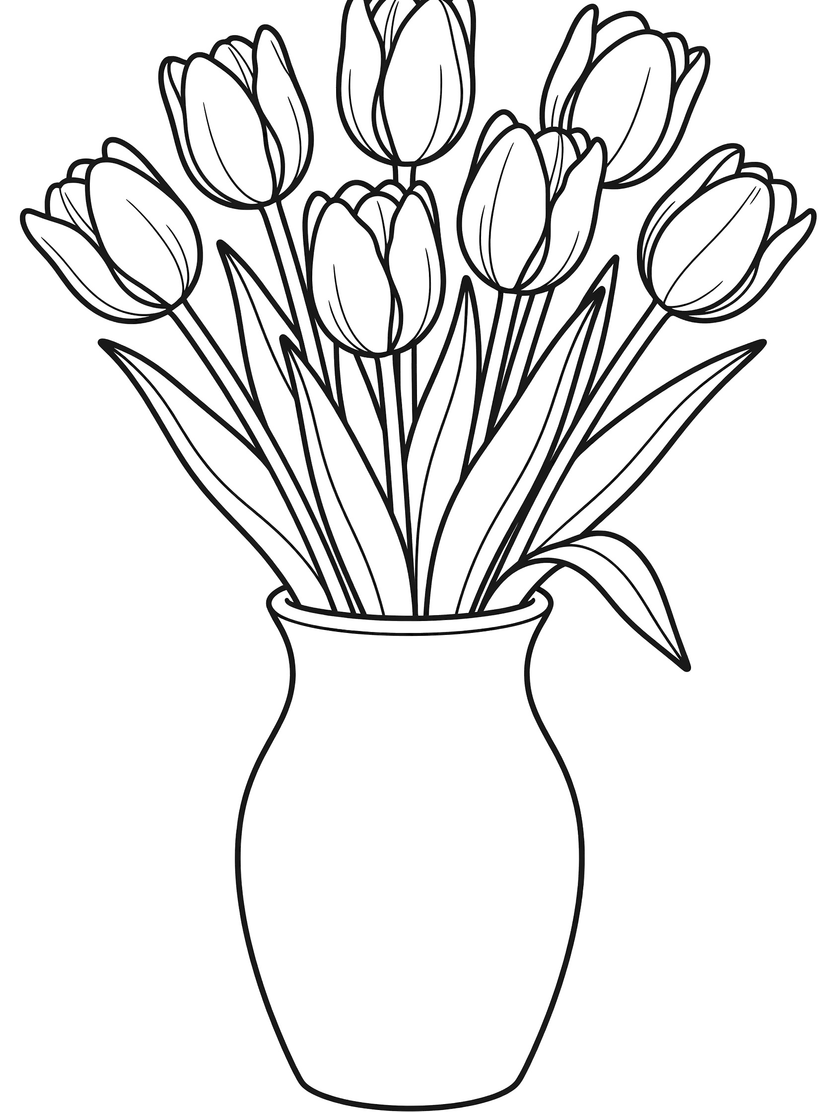 Black and white line drawing of several tall tulips with leaves in a rounded vase, printable coloring page for children. Bouquets themed black and white printable line art