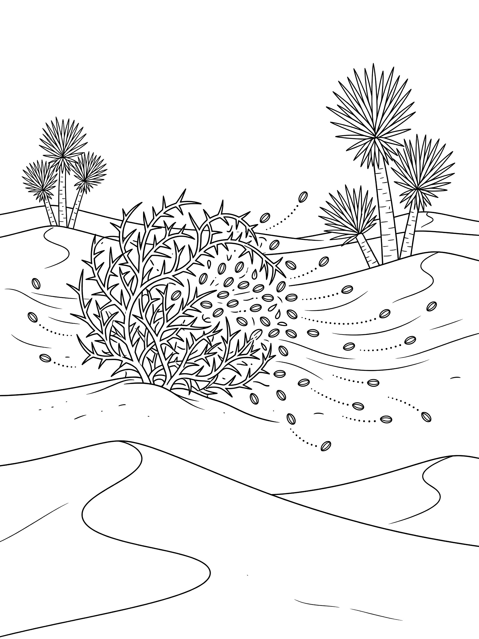 Cartoon tumbleweed bursting open with seeds flying on dotted trails in breezy desert scene with yucca plants and sandy dunes, clean line art coloring page