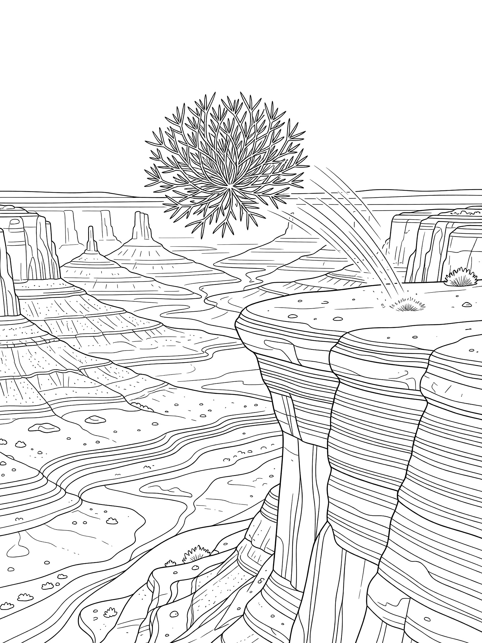 Line art coloring page showing a round tumbleweed leaping from the edge of a desert mesa with motion lines, layered rock cliffs, and canyon view below.