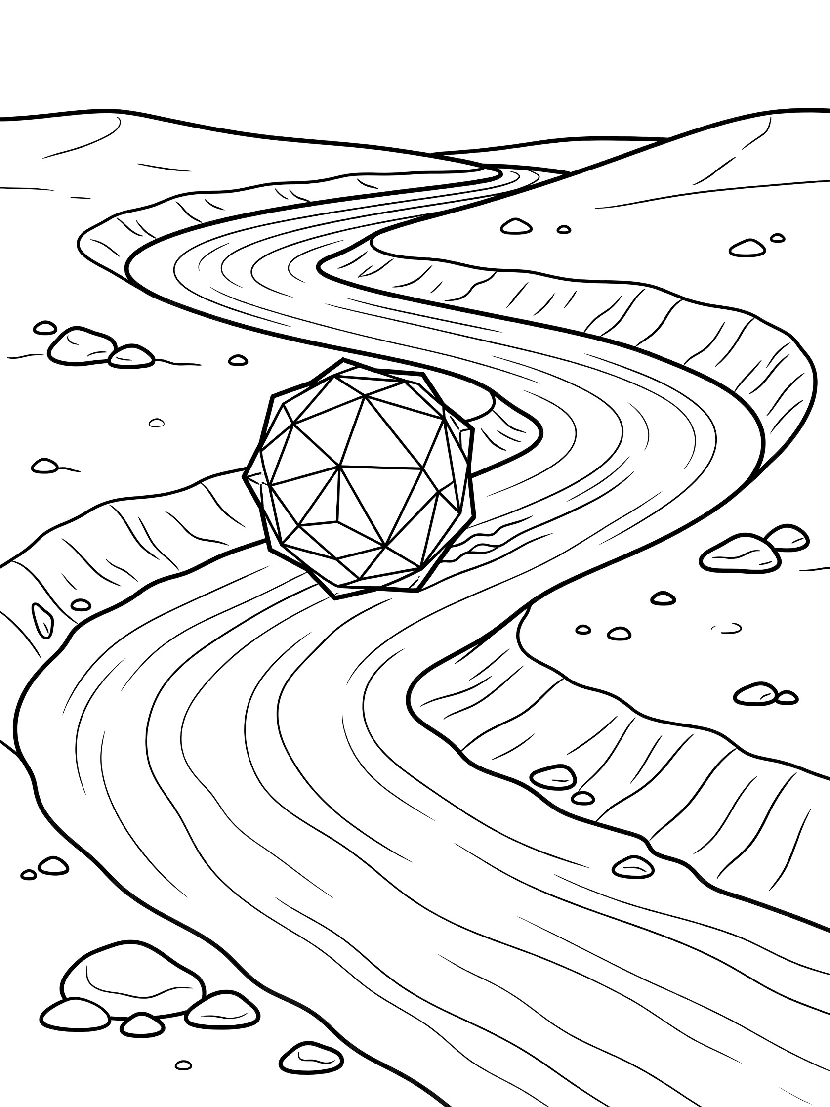Black and white coloring page showing a geometric tumbleweed tumbling along a winding dry desert wash lined with smooth pebbles and eroded banks, with sand ripples marking its path.