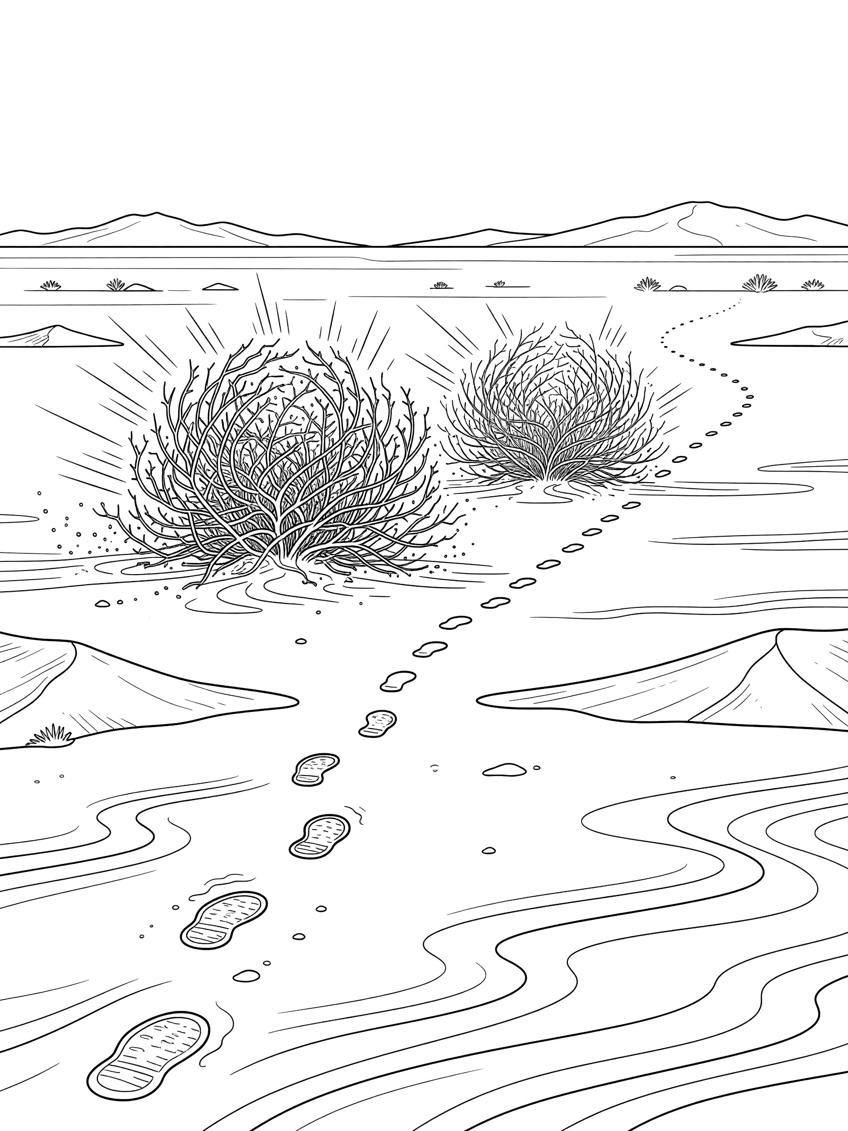 Line art coloring page showing two round tumbleweeds speeding across endless desert sands, leaving footprint trails, with speed lines and mountain silhouettes on the horizon.