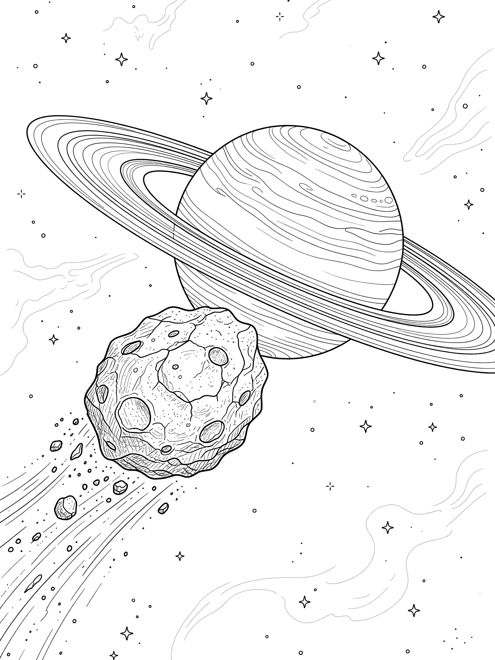 Black and white line art coloring page showing a large irregular asteroid nearing a swirling gas giant planet with rings, trailing small debris pieces.