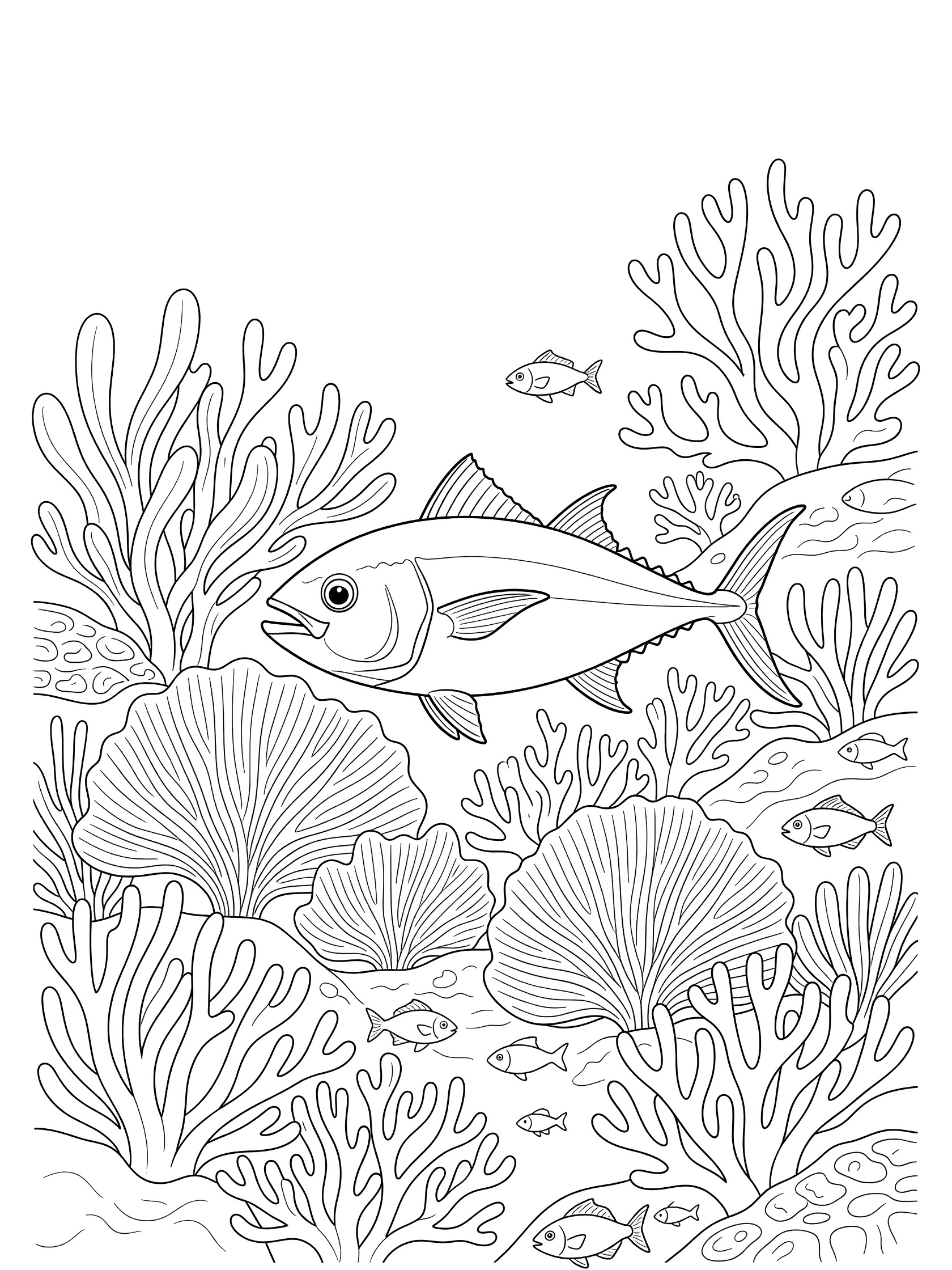 Black and white line art coloring page showing a large tuna fish swimming among fan corals, sea plants, and small darting fish in an underwater reef scene.