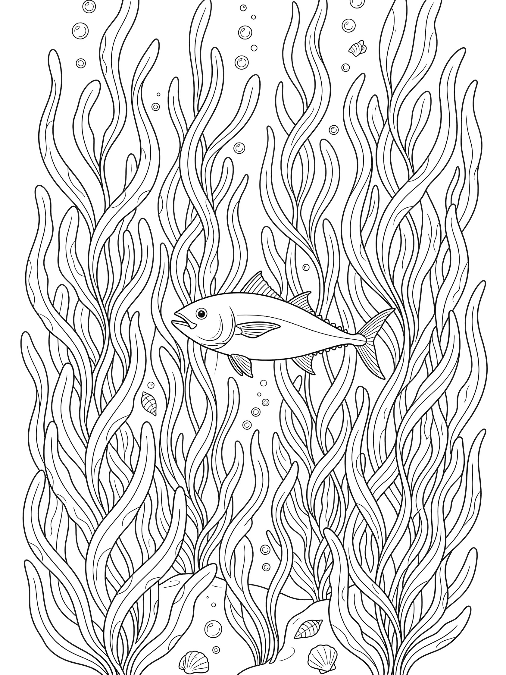 Black and white line art coloring page showing a tuna fish swimming among tall wavy seaweed strands with small bubbles and shells.