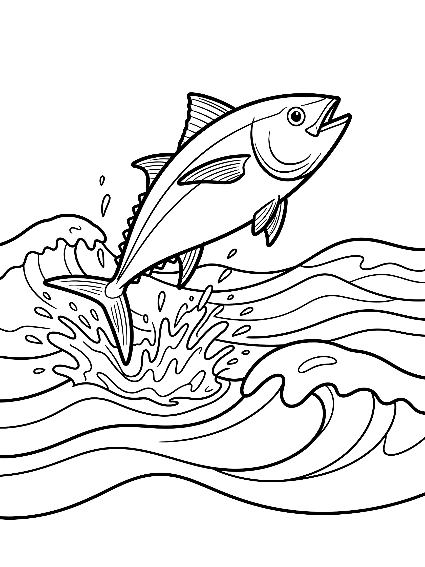 Black and white line art coloring page showing a tuna fish jumping out of curling ocean waves with water drops splashing from its tail.