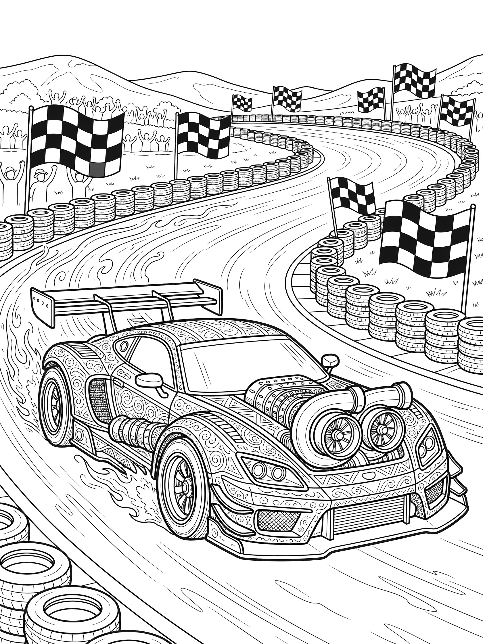 Black and white line art of a modified car with turbochargers racing on a curvy track lined with tires and checkered flags, flames and speed lines visible.