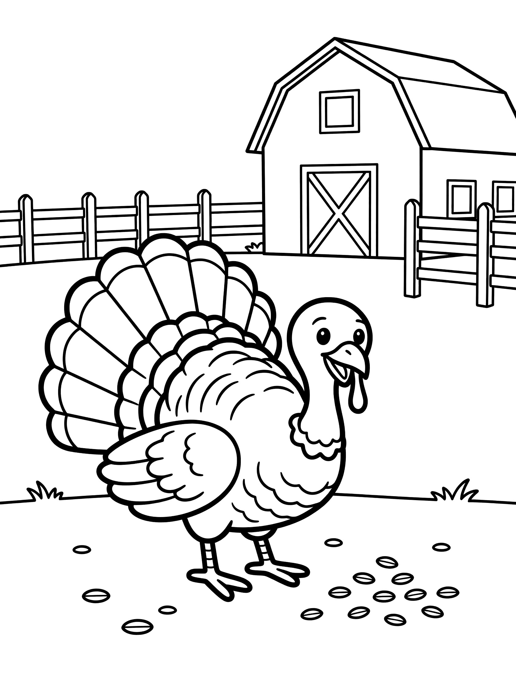 Black and white line art coloring page showing a turkey with fanned tail feathers pecking at seeds on the ground near a barn and fence in a farmyard.