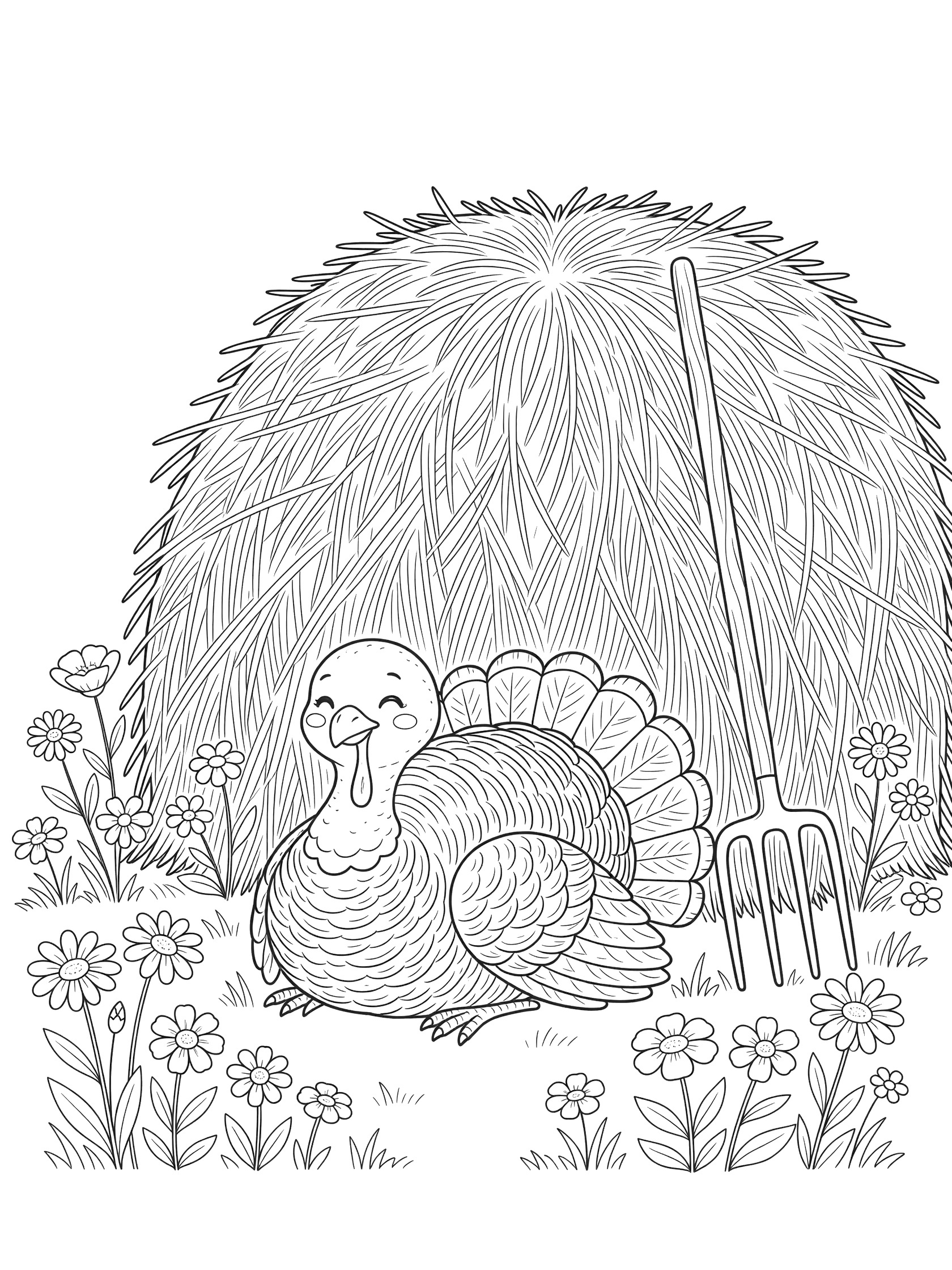 Black and white coloring page of a happy turkey next to a tall hay bale, with wildflowers and a pitchfork leaning nearby. Turkeys themed black and white printable line art