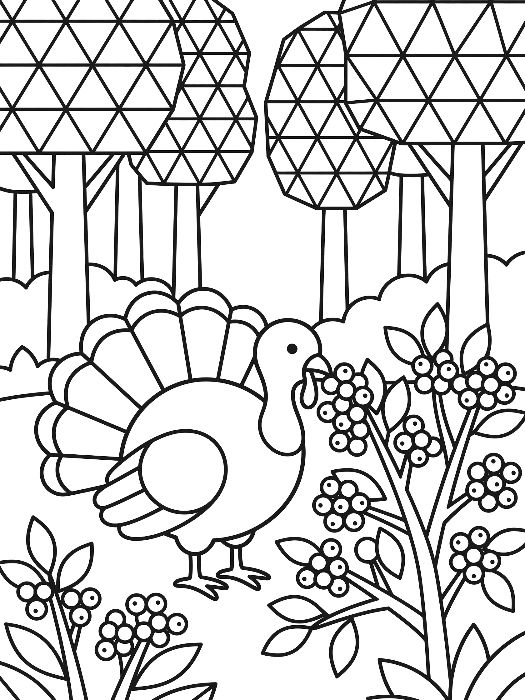 Black and white line art coloring page showing a turkey pecking at berry clusters on a bush surrounded by geometric patterned trees in a forest clearing.