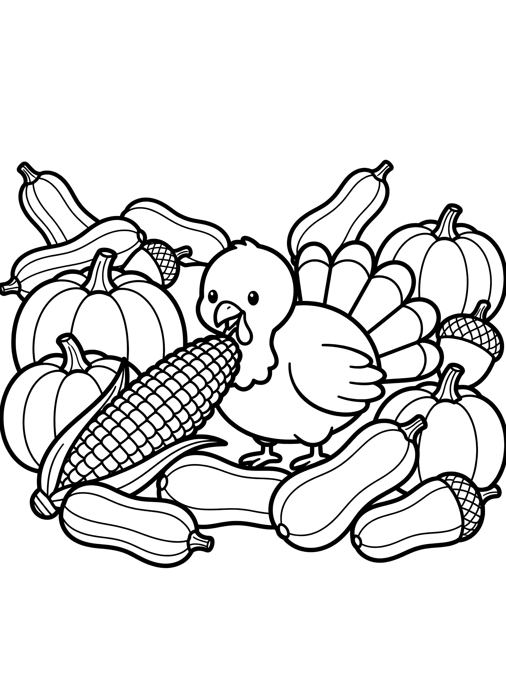 Black and white line art coloring page showing a turkey eating a corn cob amid pumpkins, squash, and acorns in a simple harvest design. Turkeys themed black and white printable line art