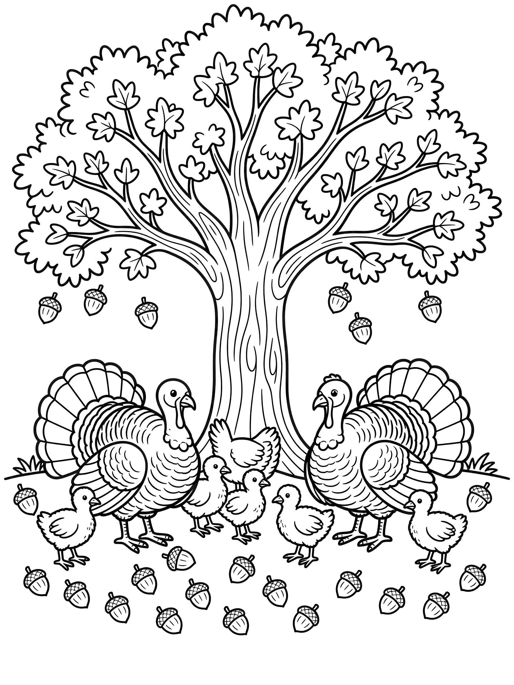 Black and white line art of two adult turkeys and several baby turkeys standing together under a large tree with branches, leaves, trunk, and acorns scattered on the ground.