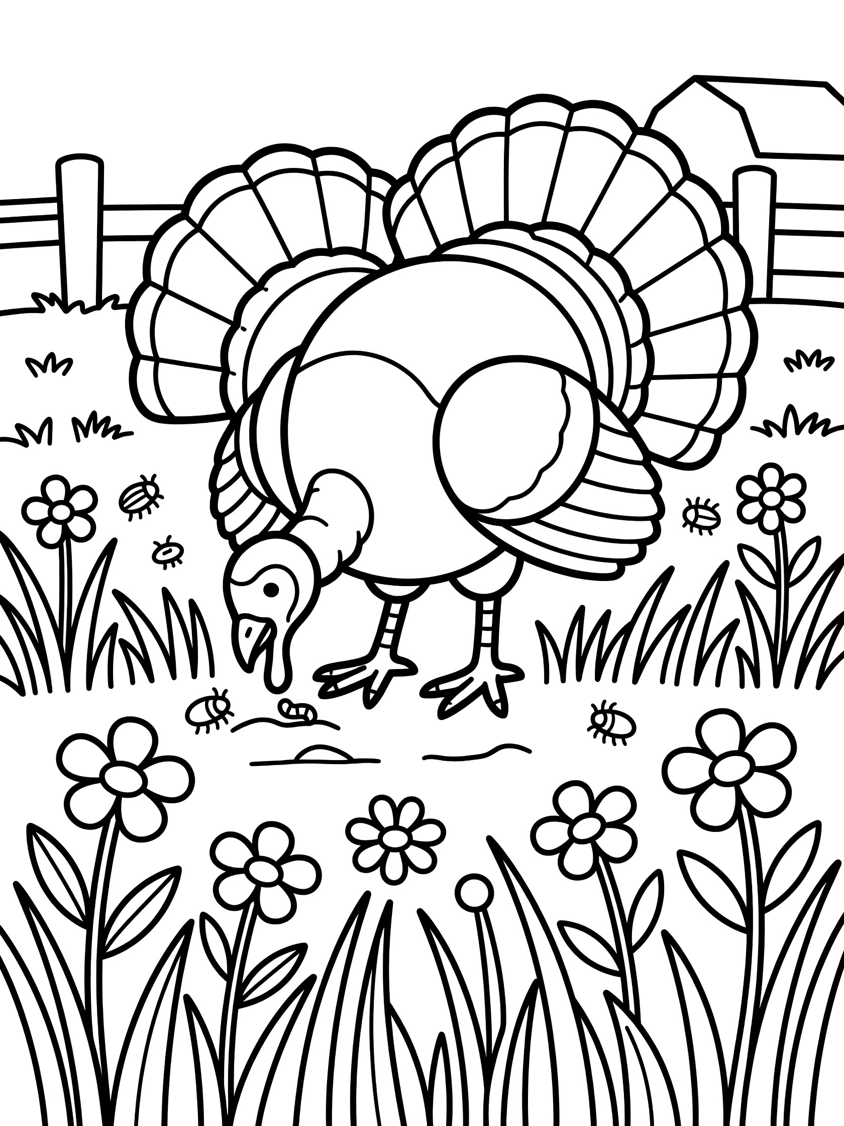 Black and white line art coloring page showing a turkey pecking the ground for insects near flowers, grass, bugs, fence, and barn on a farm. Turkeys themed black and white printable line art