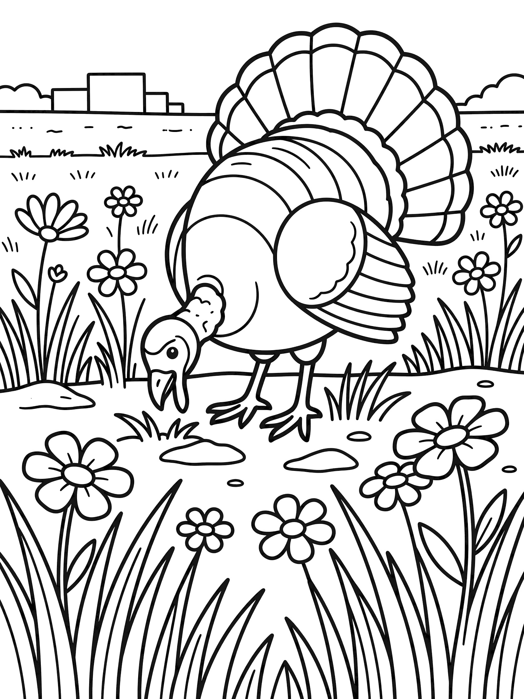 Black and white coloring page showing a turkey pecking at the ground surrounded by tall grass blades and daisies with distant farm buildings. Turkeys themed black and white printable line art