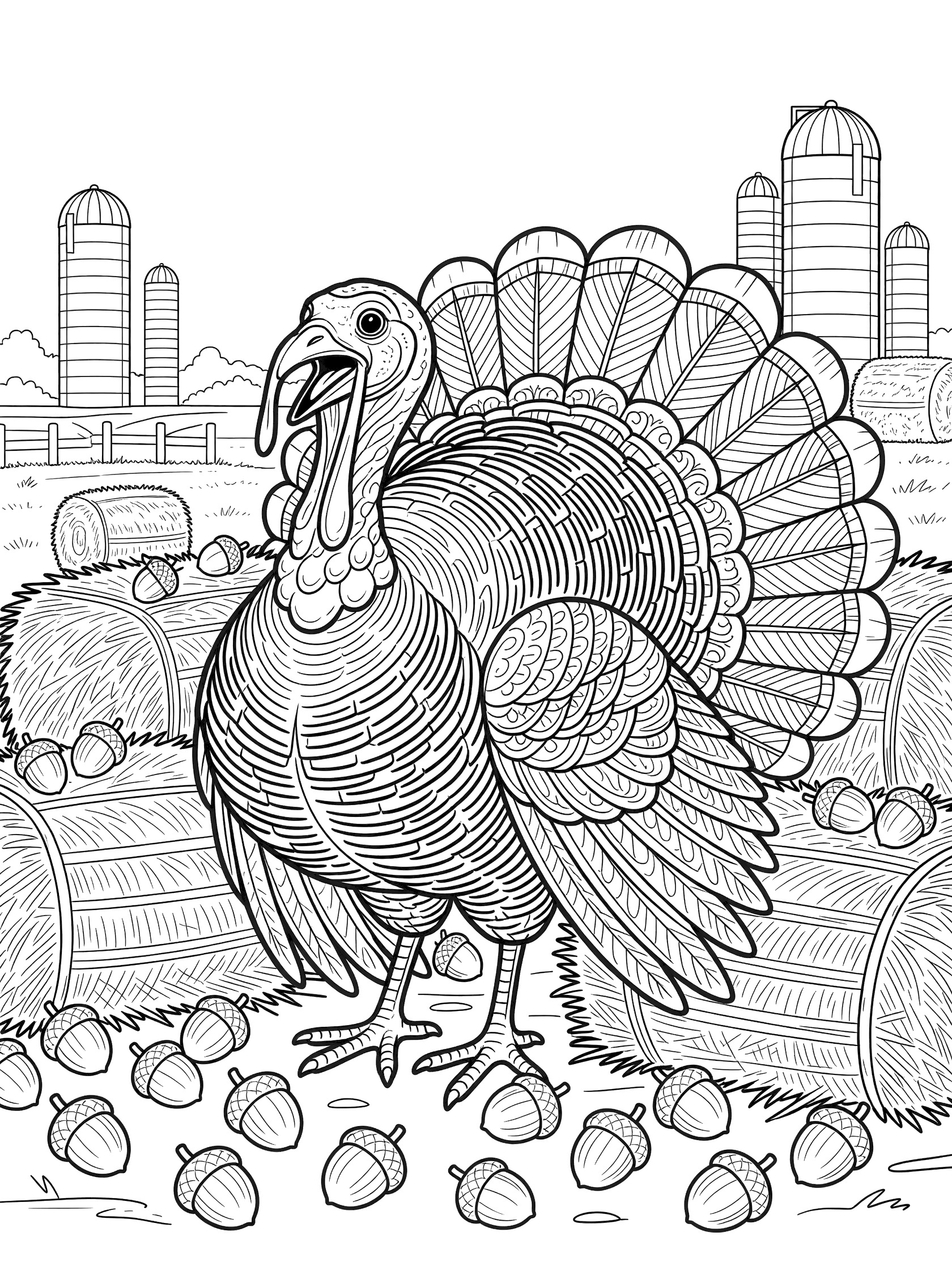 Bold line art coloring page showing a turkey with open beak gobbling, standing tall among stacked hay bales and scattered acorns with distant silos in a Thanksgiving farm scene.