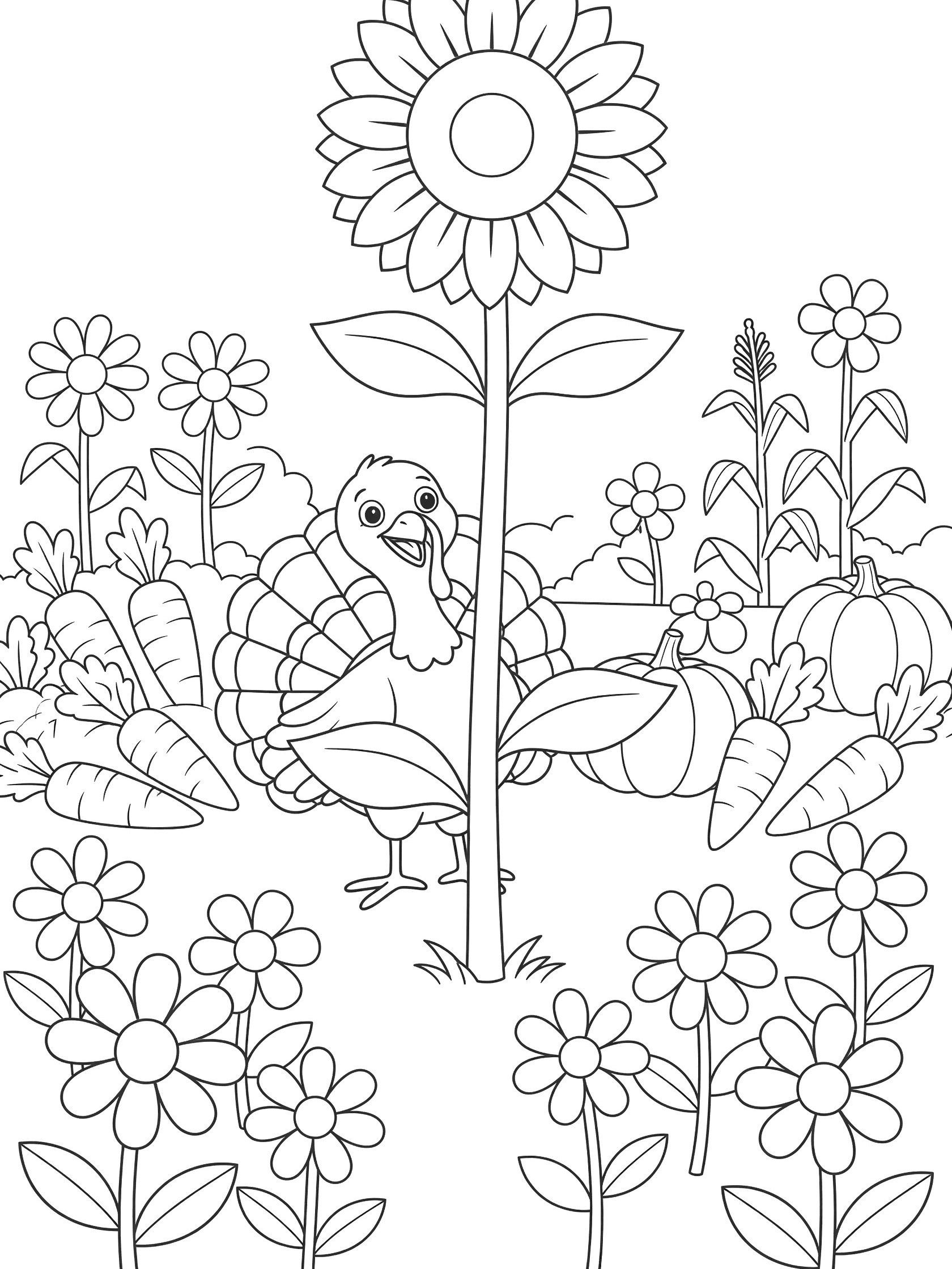 Black and white line art coloring page showing a turkey hiding behind a tall sunflower stalk surrounded by garden flowers, carrots, and pumpkins. Turkeys themed black and white printable line art