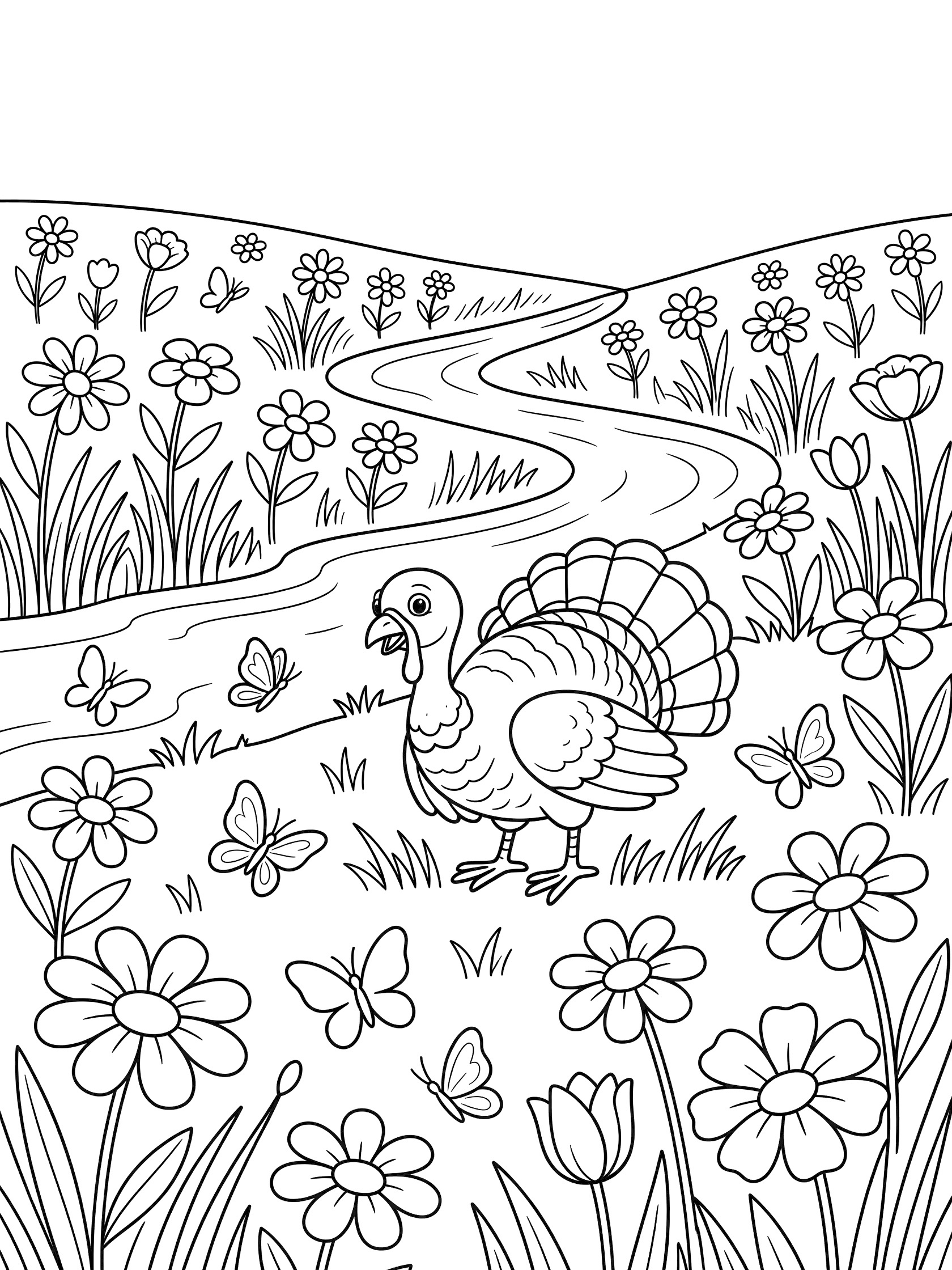Black and white line art coloring page showing a turkey standing in a grassy meadow full of flowers, butterflies flying around, and a winding stream through the field.
