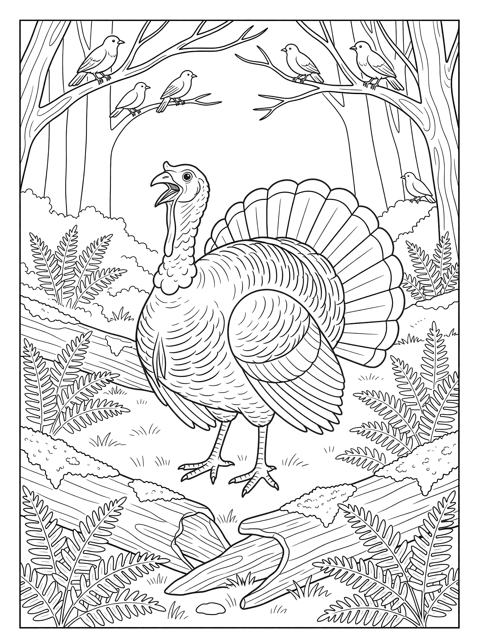 Black and white line art coloring page showing a turkey with open beak in a forest glade, surrounded by trees, birds perched on branches, ferns, and mossy logs.