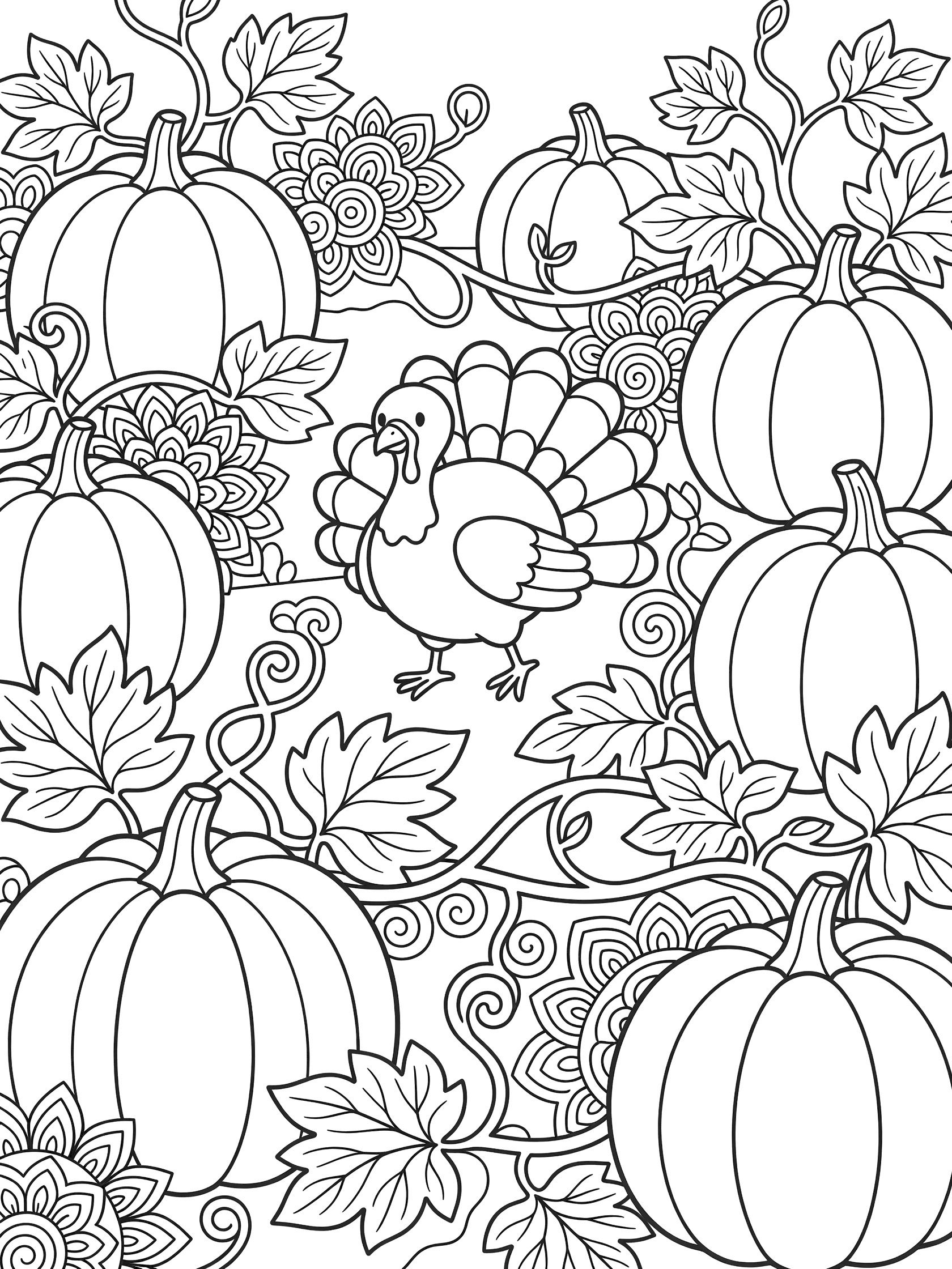 Printable coloring page showing a turkey standing among large pumpkins, vines, and leaves in a pumpkin patch, black line art on white background. Turkeys themed black and white printable line art
