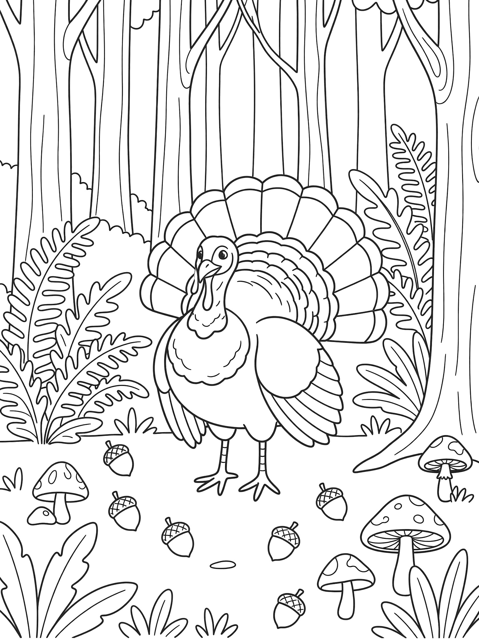 Black and white coloring page of a turkey in a forest with tall trees, ferns, acorns and mushrooms on the ground.