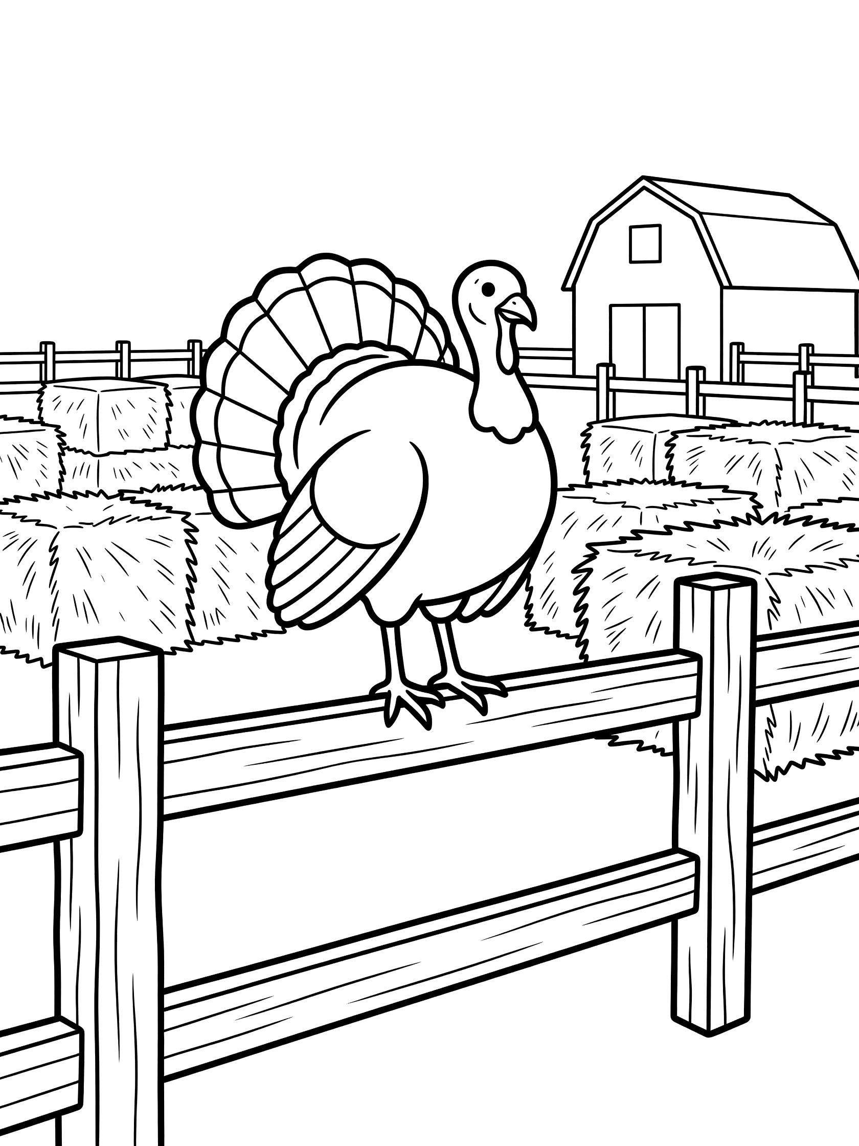 Black and white coloring page of a turkey standing on a wooden farm fence surrounded by hay bales and a barn. Turkeys themed black and white printable line art