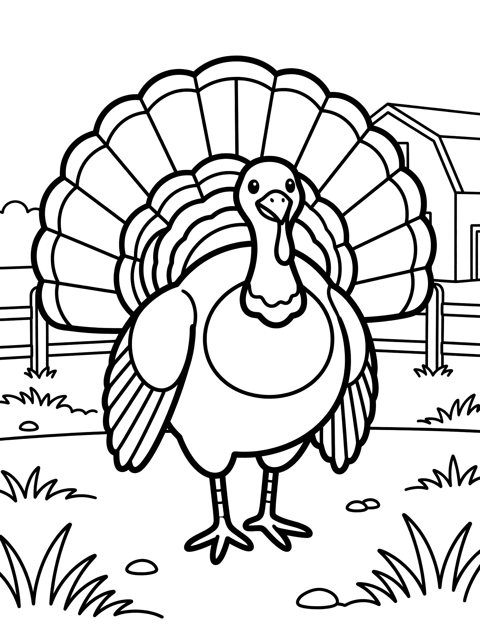 Black and white coloring page of a turkey displaying wide tail feathers in a farmyard with barn, fence, grass, and rocks. Turkeys themed black and white printable line art