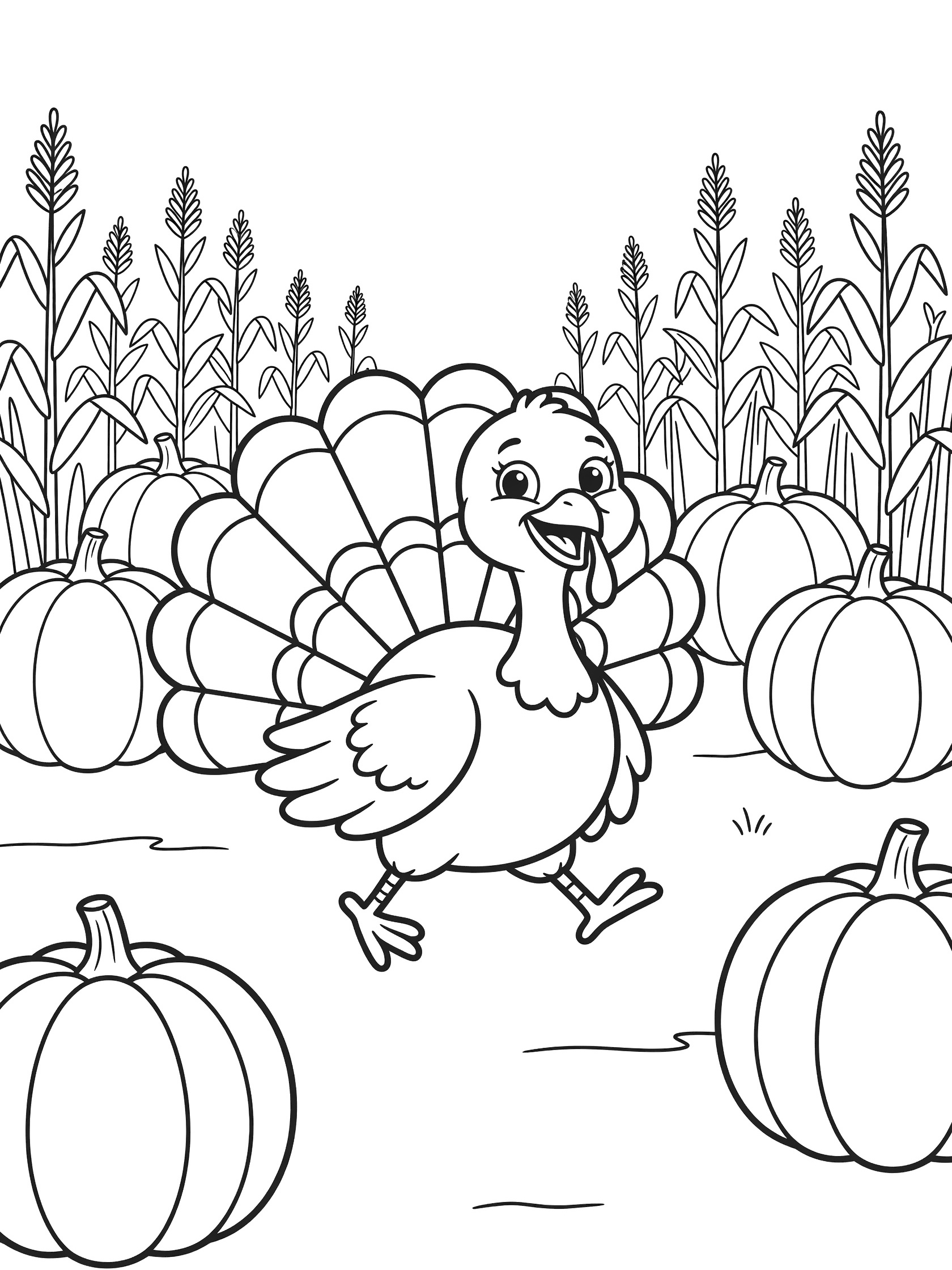 Black-and-white coloring page of a joyful turkey with fanned tail feathers walking in a Thanksgiving field surrounded by pumpkins and tall cornstalks.