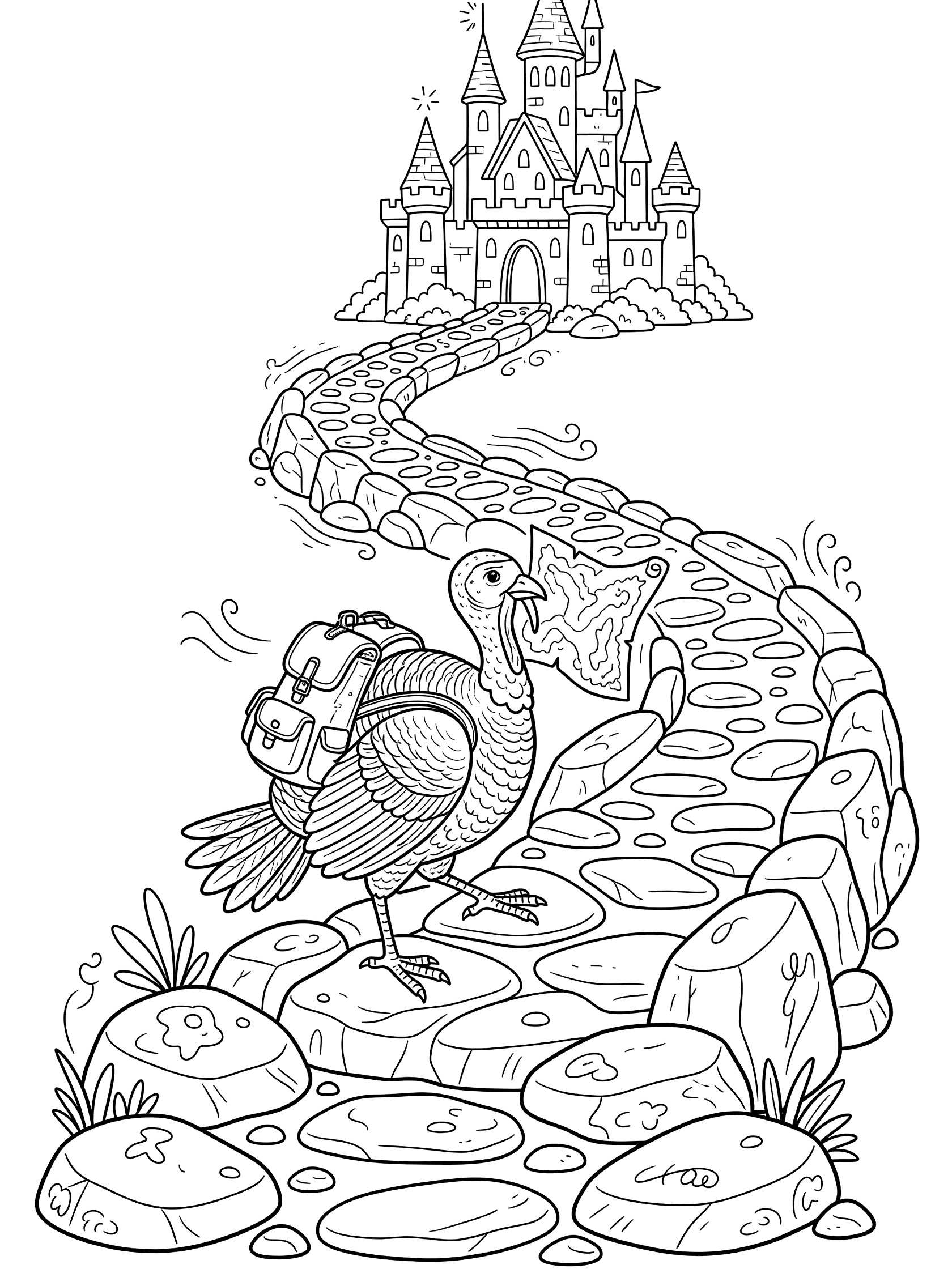 Black and white line art coloring page showing a turkey wearing a backpack, holding a map in its beak, walking on a winding rocky path toward a fantasy castle with towers.
