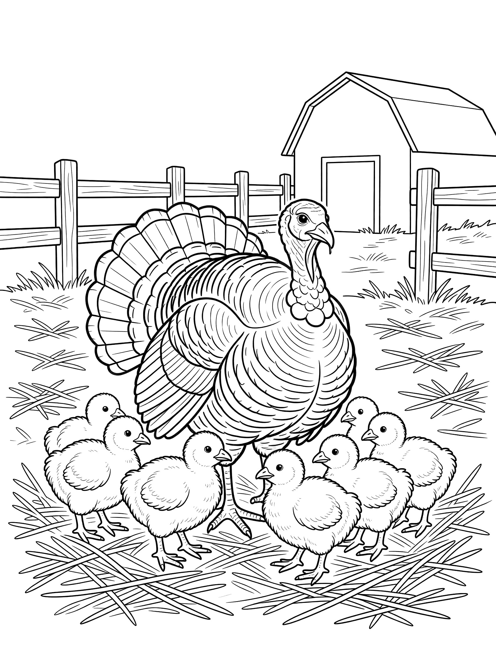 Black and white line art coloring page showing a mother turkey standing with fluffy chicks around her feet in a barnyard with barn, fence, and straw. Turkeys themed black and white printable line art