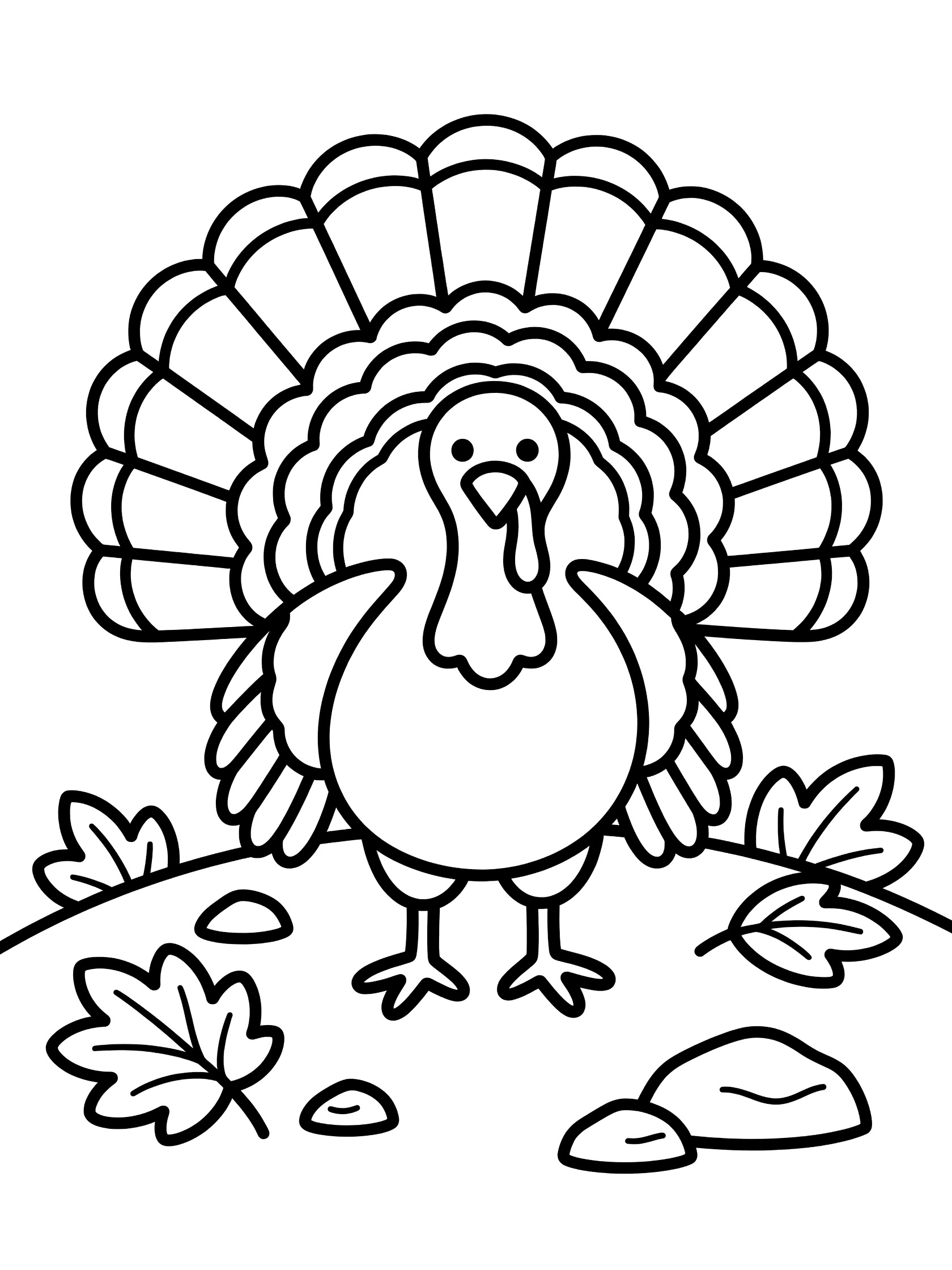 Black and white line art coloring page showing a turkey standing with wide fanned tail feathers, surrounded by leaves and rocks on the ground.