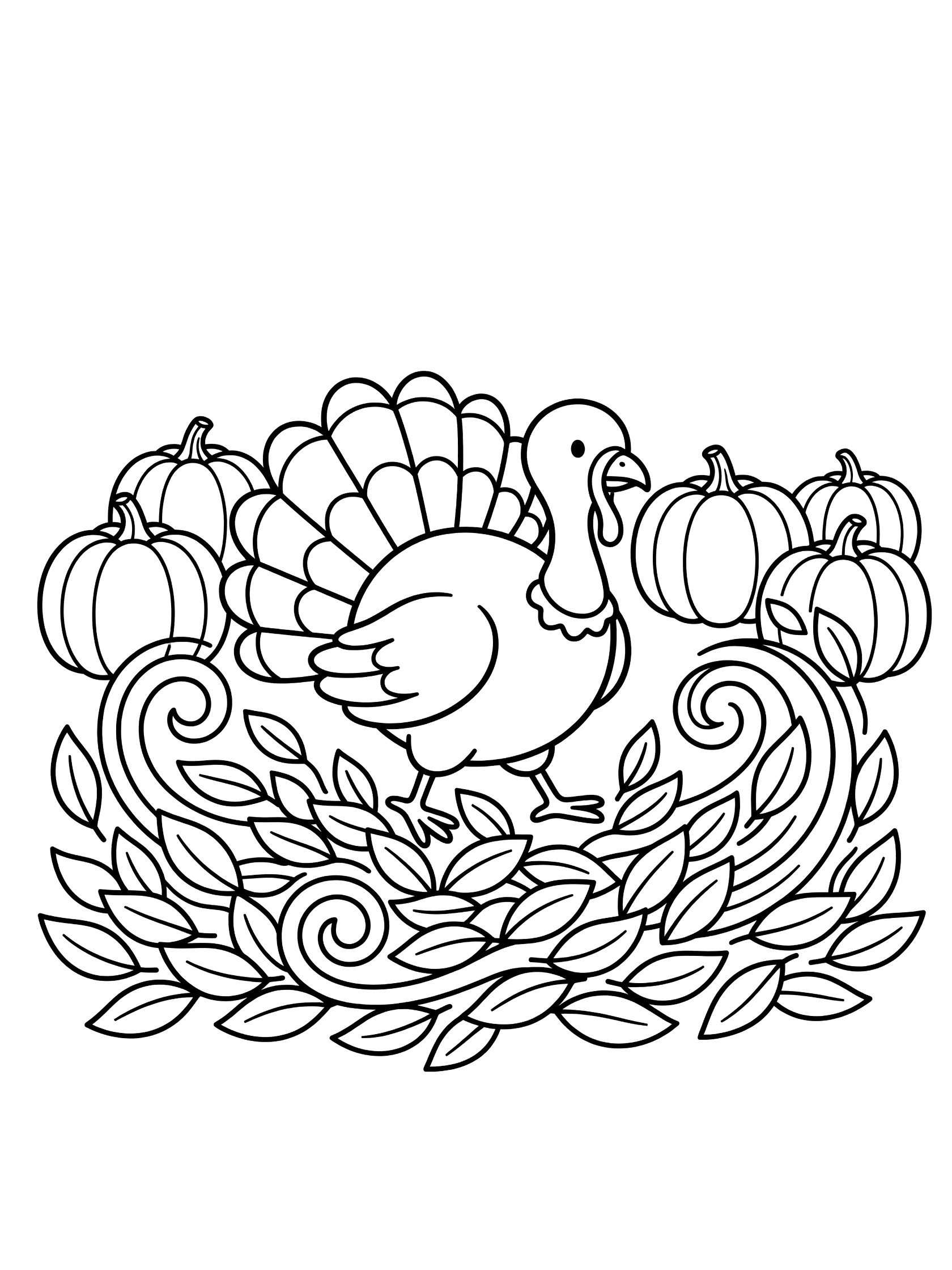 Black and white line art coloring page showing a turkey amid swirling leaves and pumpkins