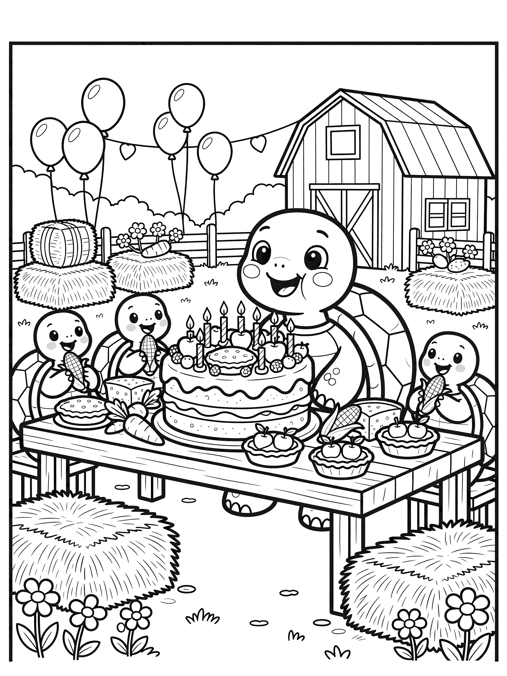 Black-and-white line art of cartoon turtles enjoying a 100th birthday feast on a wooden table with cake, candles, fruits, pies, vegetables, hay bales, wildflowers, red barn, and balloons in a sunny barnyard.