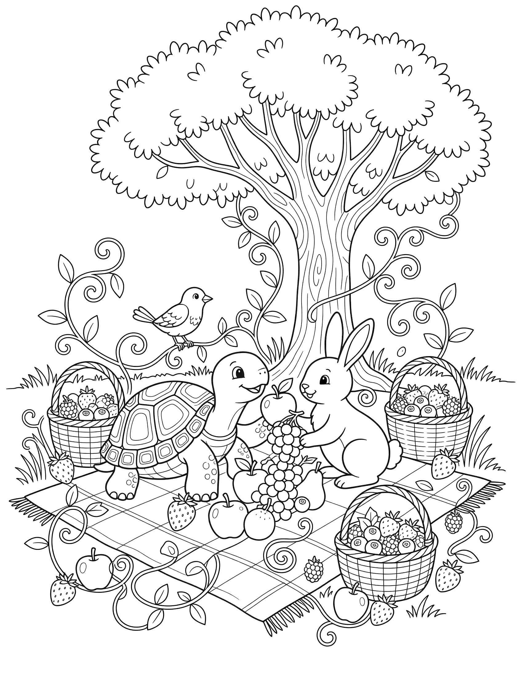 Black and white line art coloring page showing turtle and bunny eating fruits on a picnic blanket under a tree with bird, baskets, berries, and swirly vines.