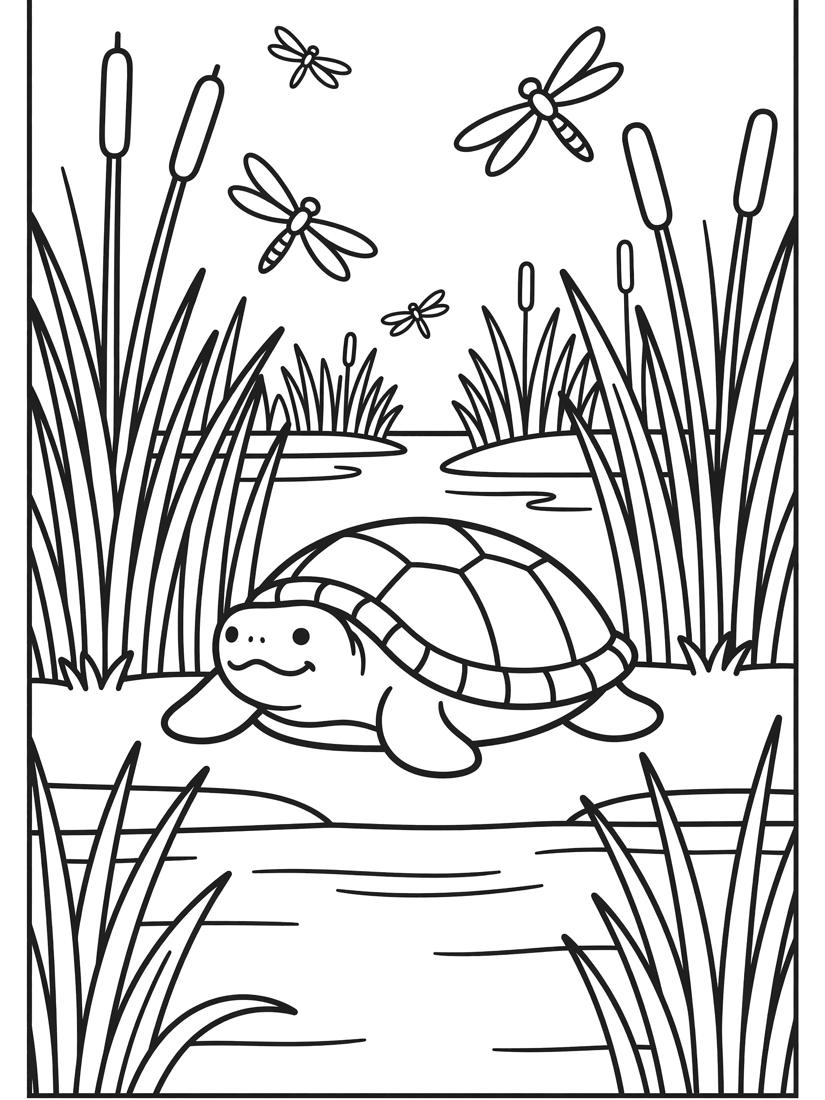 Printable coloring page showing a smiling turtle sitting on the edge of a pond surrounded by tall reeds and several dragonflies hovering nearby. Snapping Turtle themed black and white printable line art