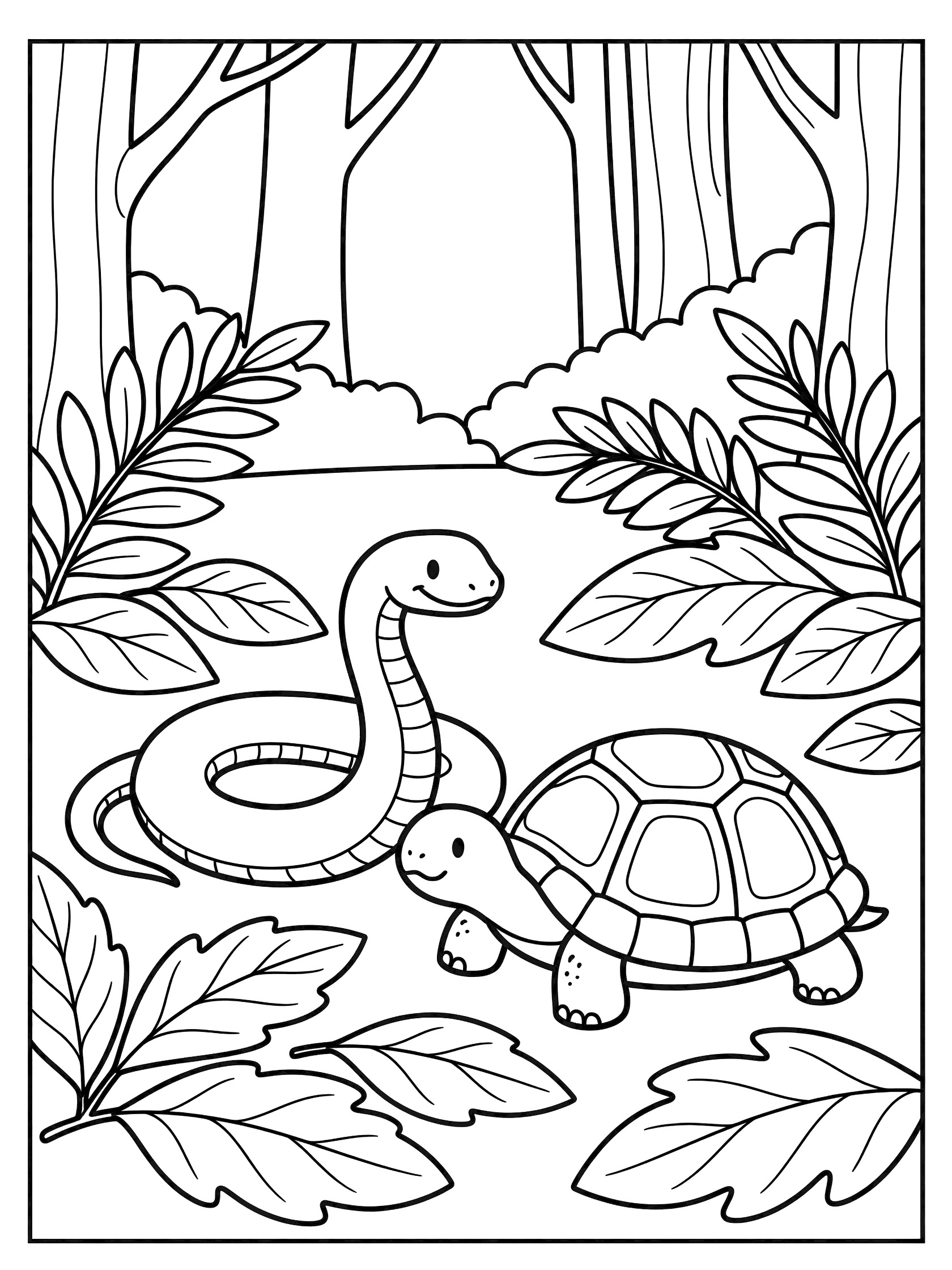 Black and white line art coloring page showing a smiling turtle walking beside a coiled smiling snake on a forest floor with large leaves and tree trunks in the background. Viper themed black and white printable line art