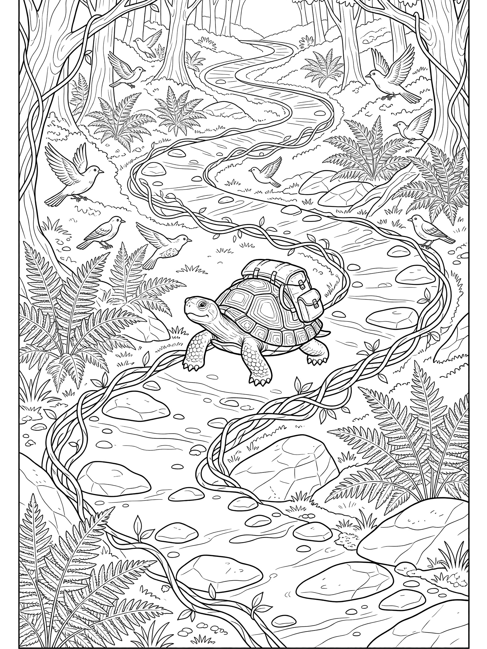 Black and white line art of a turtle with a backpack carrying a frog on a winding forest path surrounded by ferns, vines, rocks, and birds.