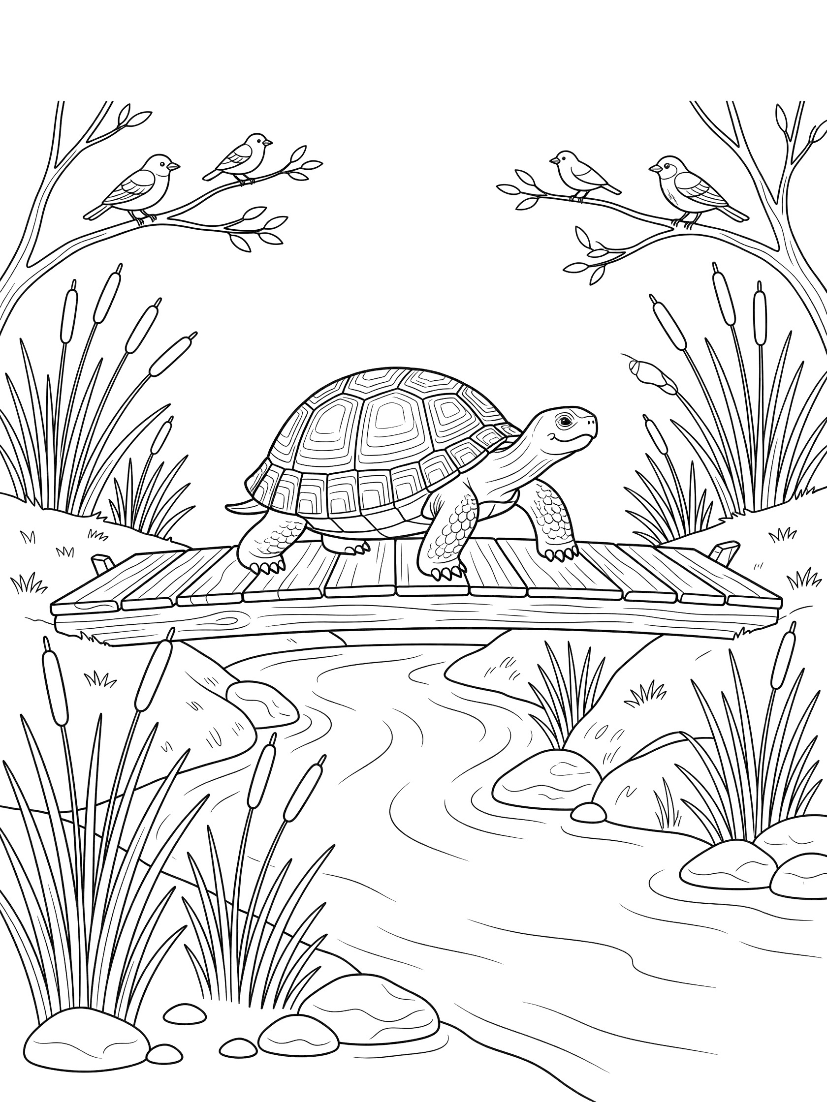 Black and white line art of a turtle walking across a wooden log bridge over a stream, surrounded by reeds, pebbles, and birds perched on branches. Tortoise themed black and white printable line art