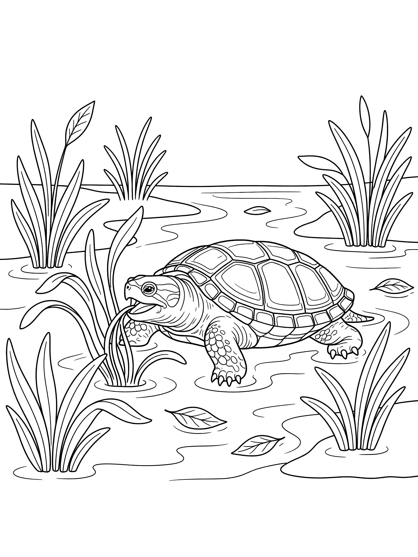 Black and white line art coloring page showing a turtle with a detailed shell biting on long plants in shallow water surrounded by reeds and floating leaves. Snapping Turtle themed black and white printable line art