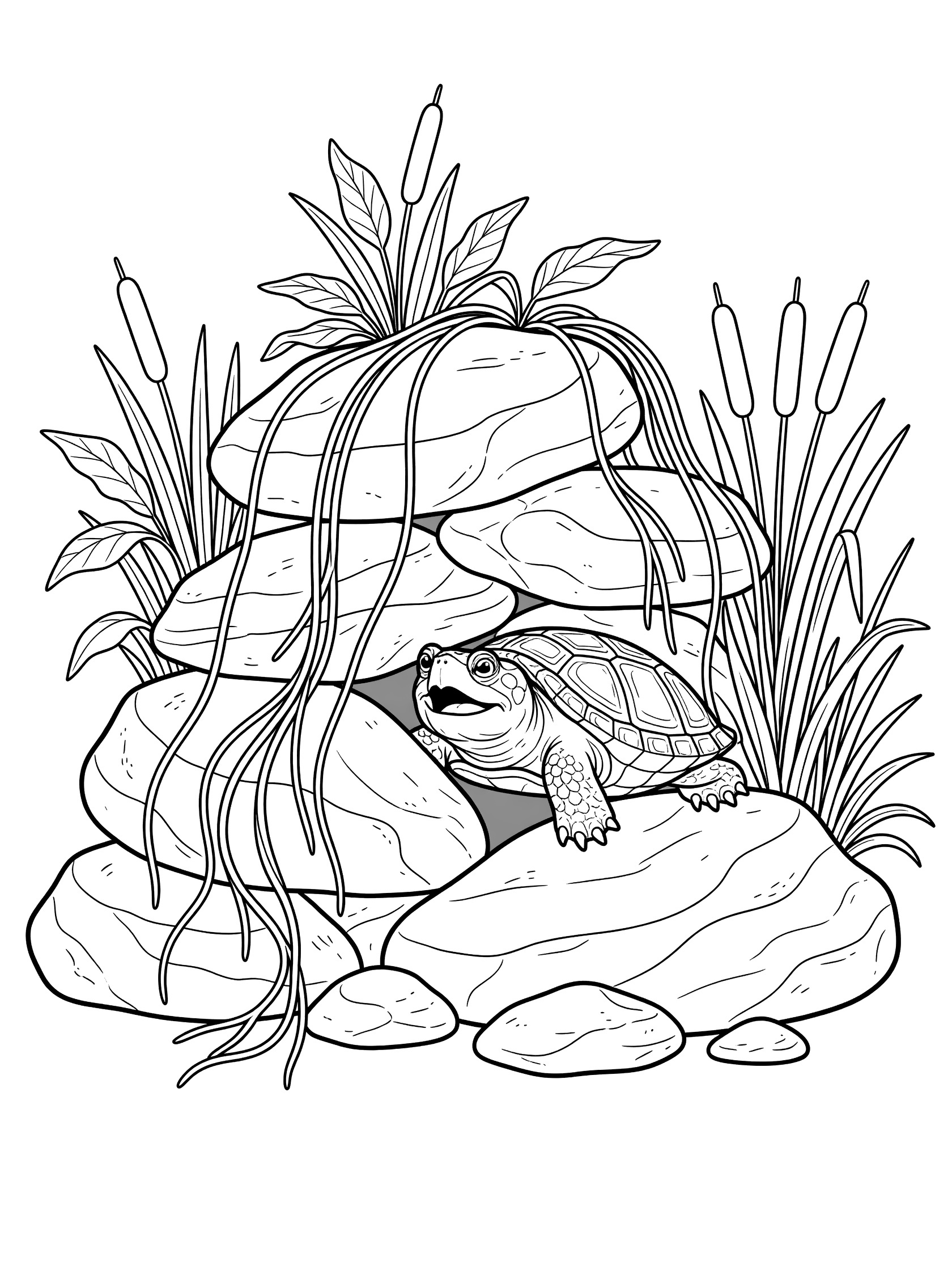 Black and white line art coloring page showing a turtle with an open mouth peeking from between stacked rocks draped with tall plants and reeds. Snapping Turtle themed black and white printable line art