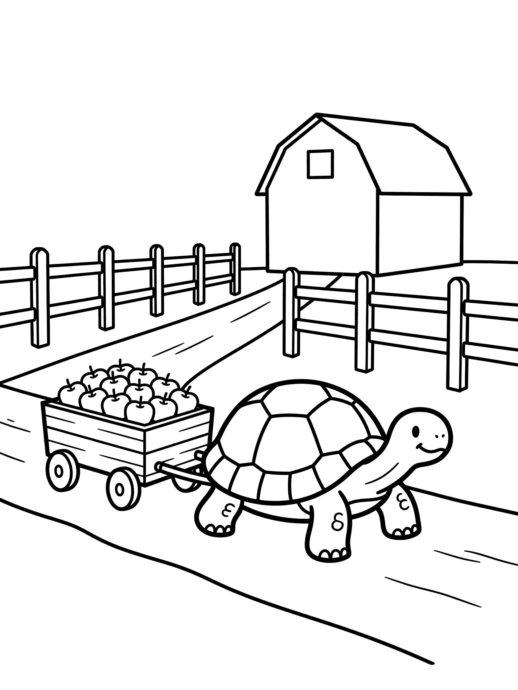 Cute cartoon turtle with happy face pulling a tiny wooden cart loaded with apples on a path toward a barn, fence posts in background, coloring book style line art. Tortoise themed black and white printable line art