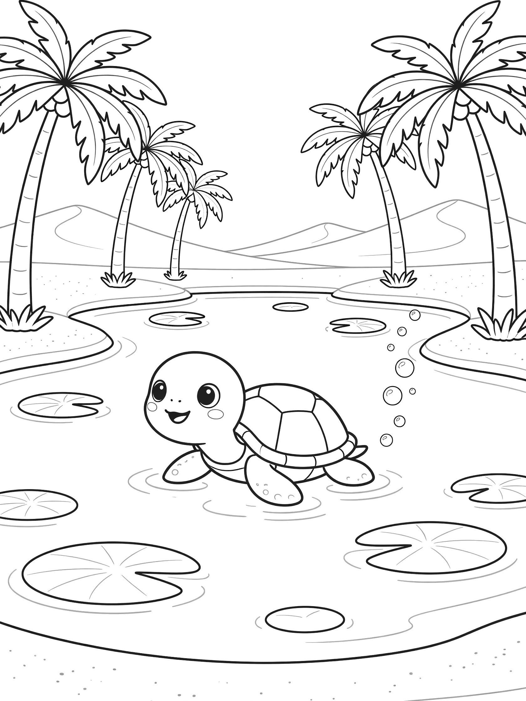 Black-and-white coloring page of a kawaii turtle swimming in a clear oasis pond surrounded by palm trees, lily pads, bubbles, and distant sand dunes.