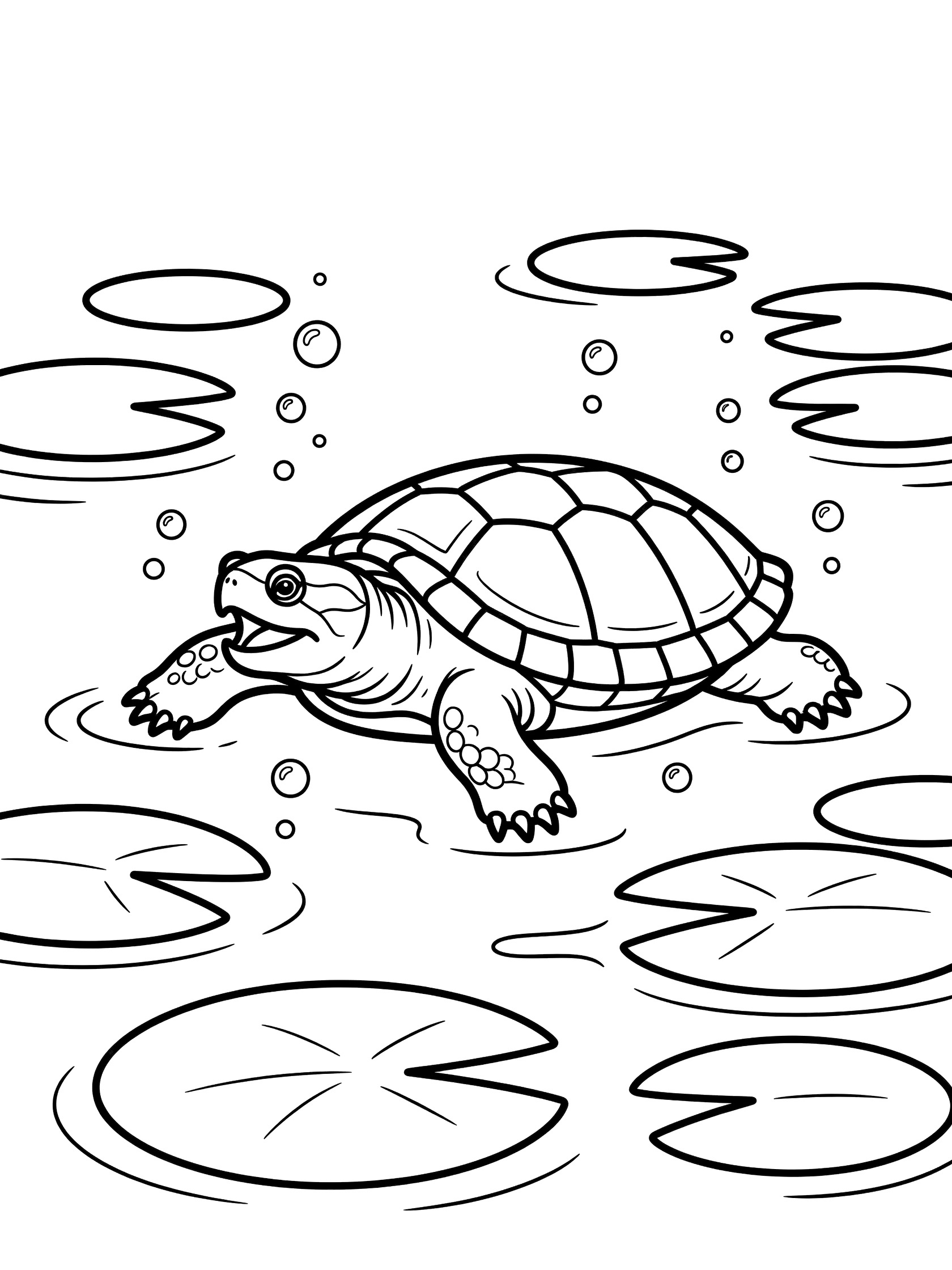 Black and white line art coloring page showing a turtle gliding in water surrounded by lily pads and bubbles. Snapping Turtle themed black and white printable line art