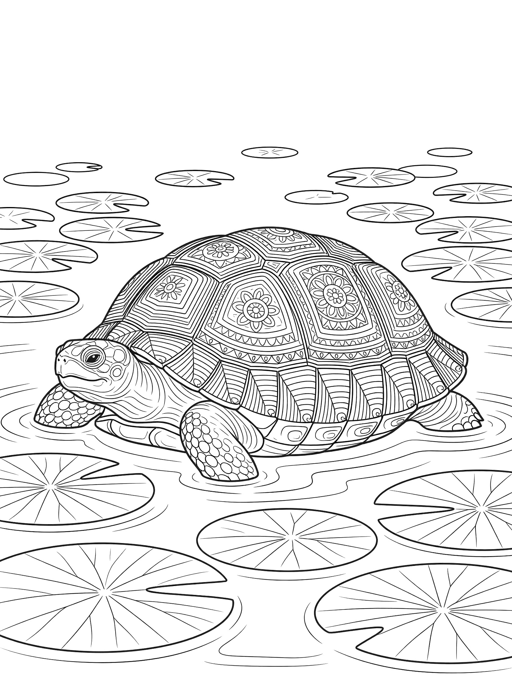 Black and white line art coloring page showing a turtle with intricate shell design resting among lily pads in a pond. Tortoise themed black and white printable line art