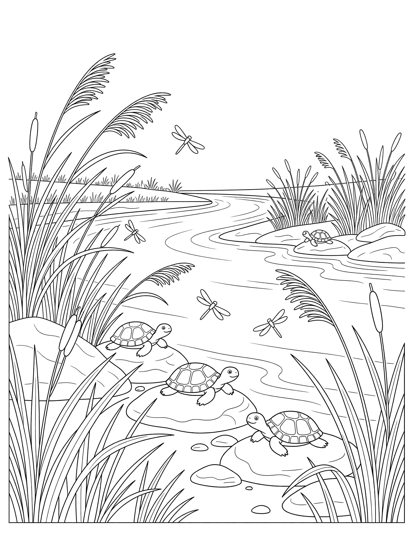 Black and white line art coloring page showing small turtles on rocks in a curving stream with tall swaying reeds and dragonflies flying around. Ganges River themed black and white printable line art