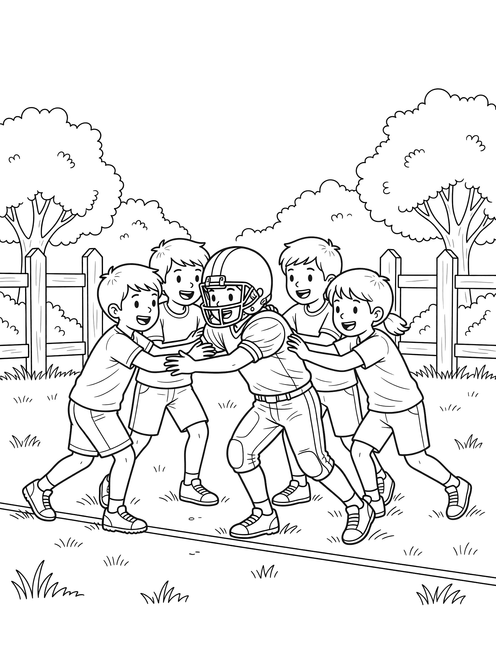 Black and white coloring page of boys in a tush push football play with quarterback reaching forward, friends pushing from behind, on backyard grass with fence and trees.