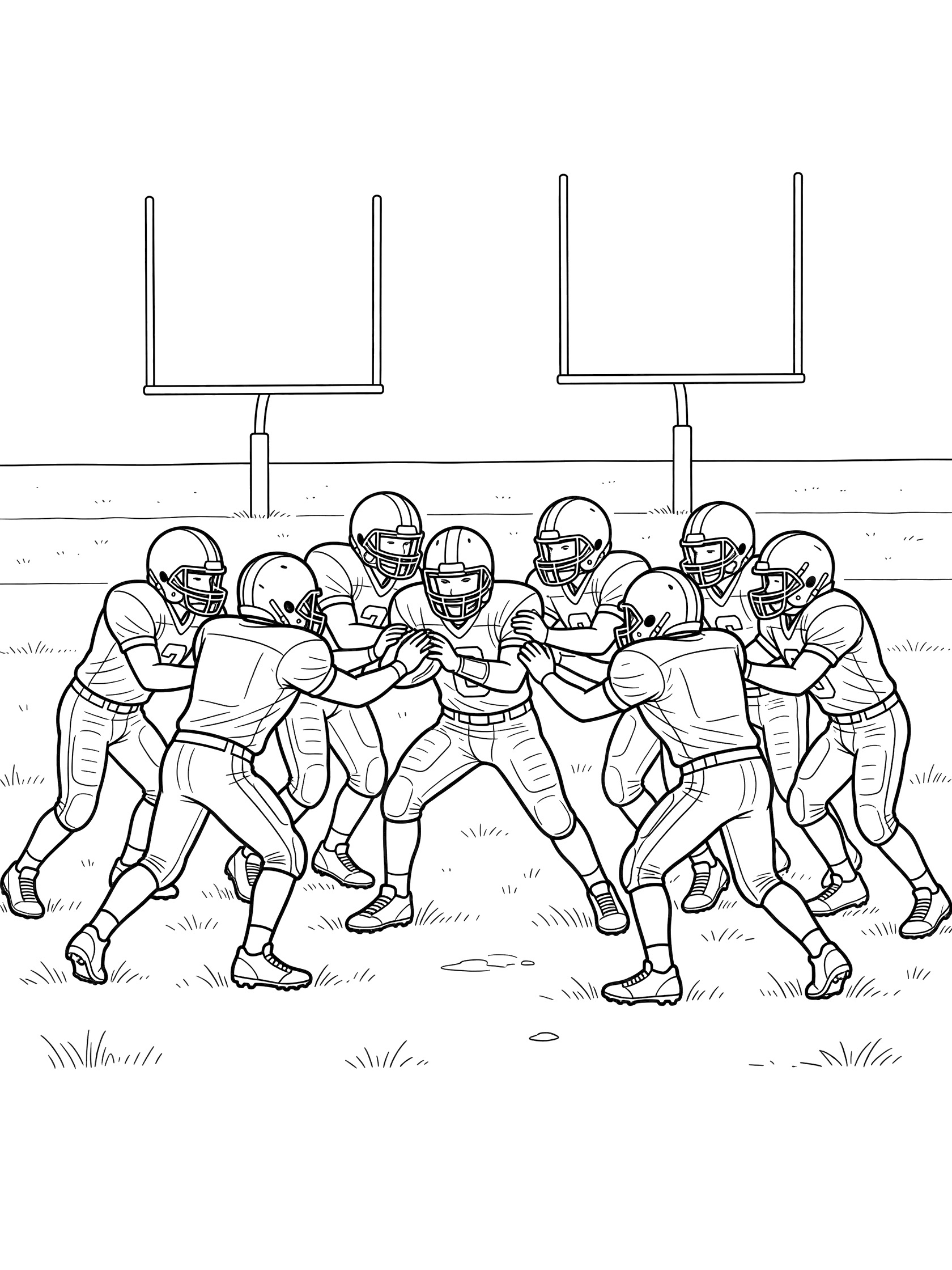 Black-and-white line art of football players in tight formation doing Tush Push on grassy field with goalposts, clean printable coloring page
