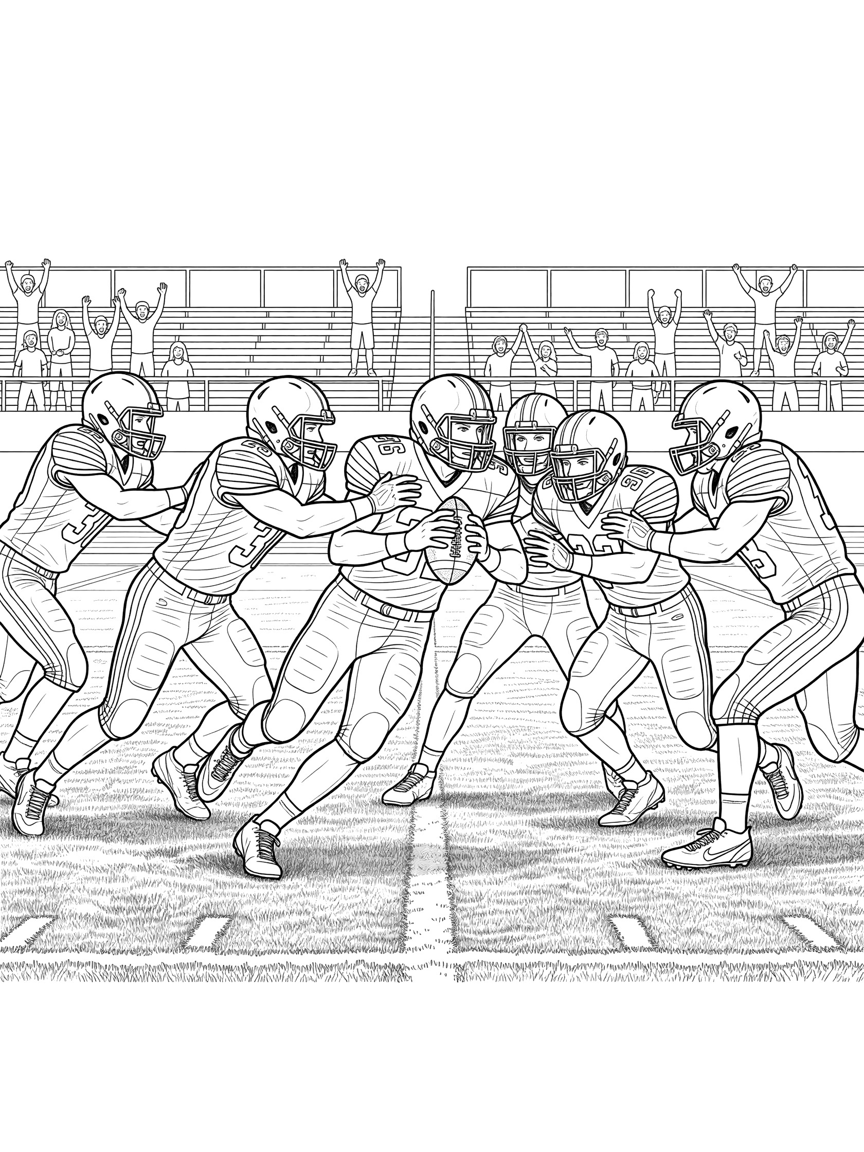 Black and white coloring page of Tush Push football play with quarterback driving forward on turf stadium field, pushed by teammates, crowd cheering in background.