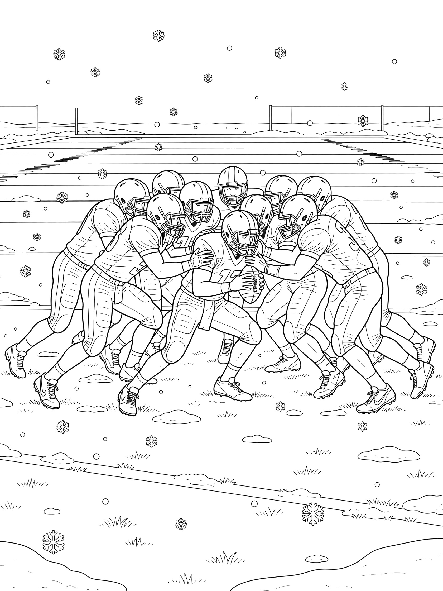 Printable coloring page showing Tush Push football play with players shoving quarterback forward on winter field with snow.