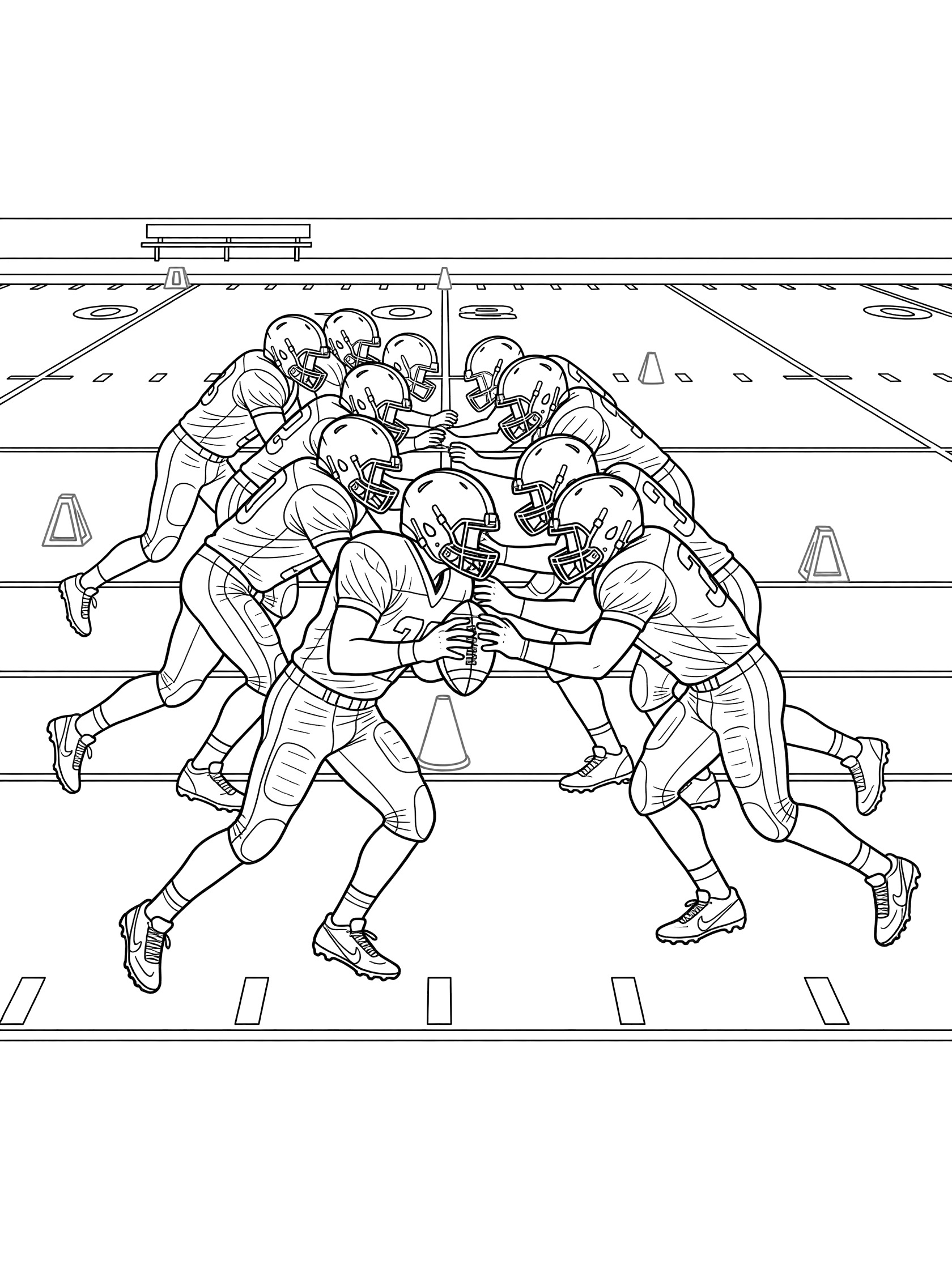 Football coloring page showing Tush Push practice drill with quarterback ball carrier pushed by linemen around cones on school field with sidelines and yard lines.